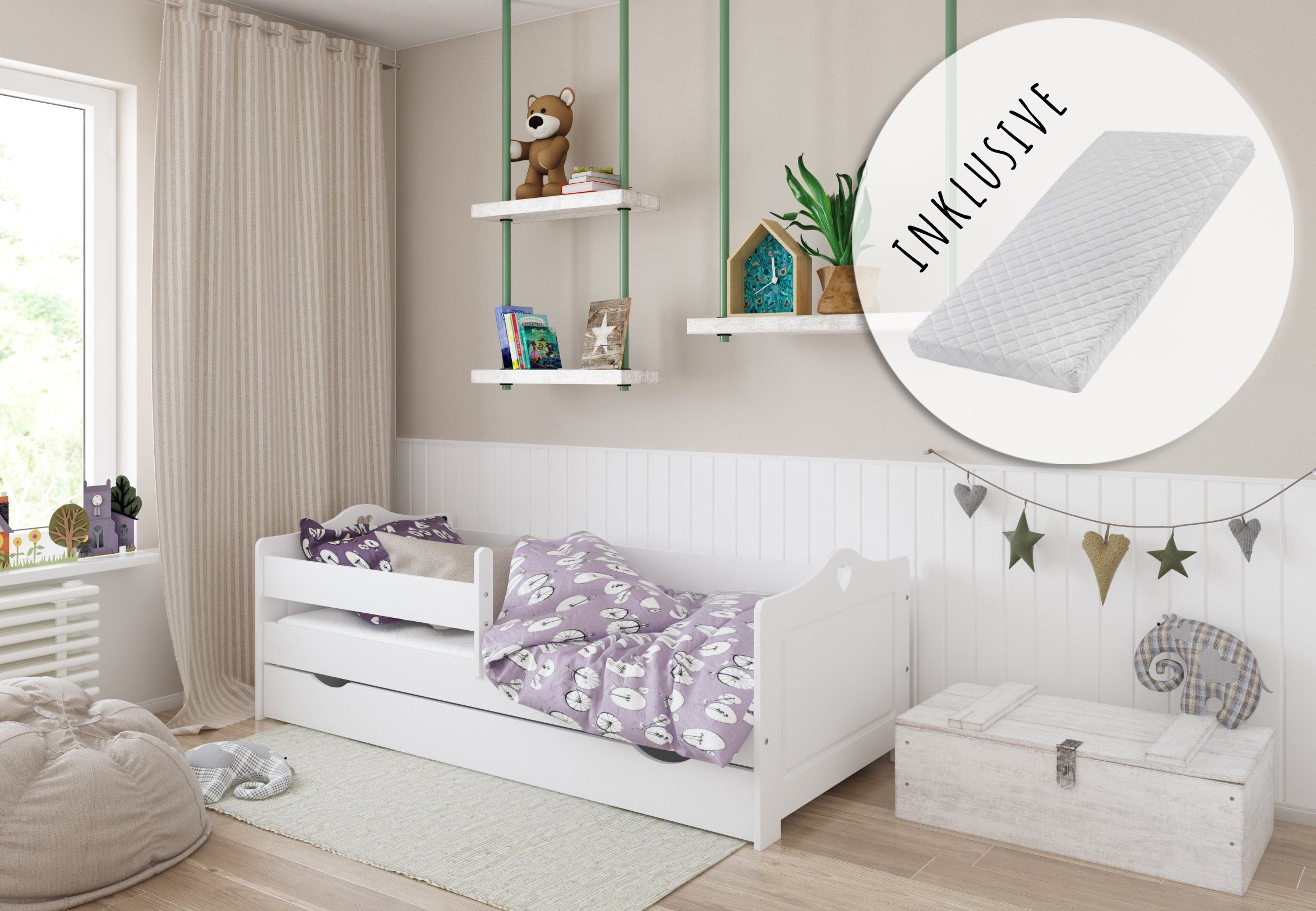Kinderbett 80x160 80x180 90x200 mit Matratze, Rausfallschutz & Schublade