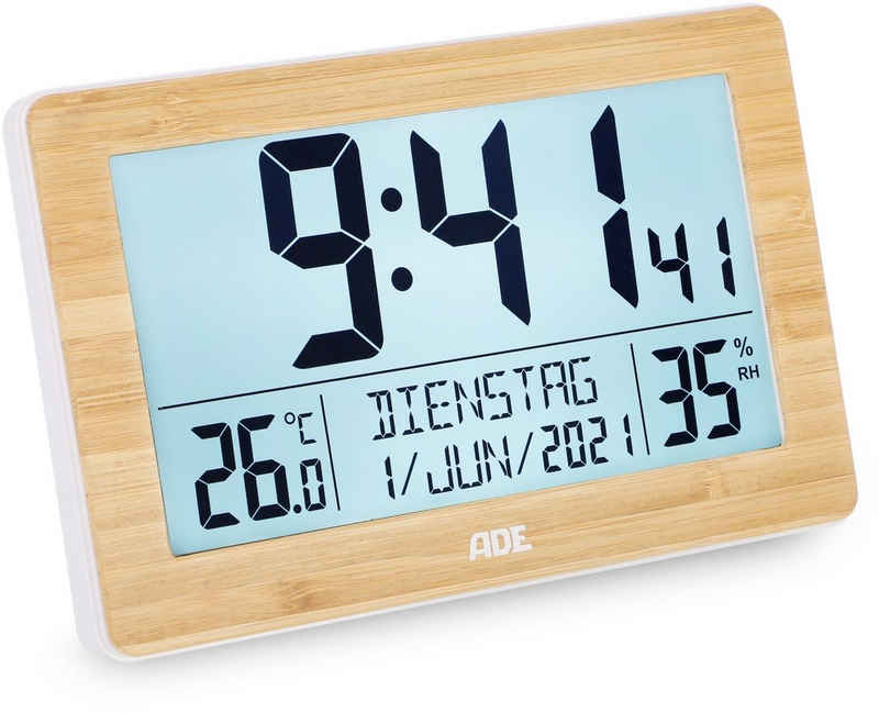 ADE Funkwecker »CK2113« aus echtem Bambus mit Dual-Alarm, Thermo-/Hygrometer, LCD-Display mit Beleuchtung in weiß