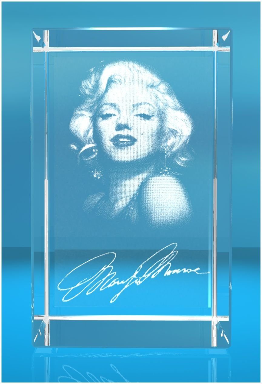 VIP-LASER Dekofigur 3D Glasquader Motiv: 3D Autogramm Marilyn Monroe, Hochwertige Geschenkbox, Made in Germany, Familienbetrieb