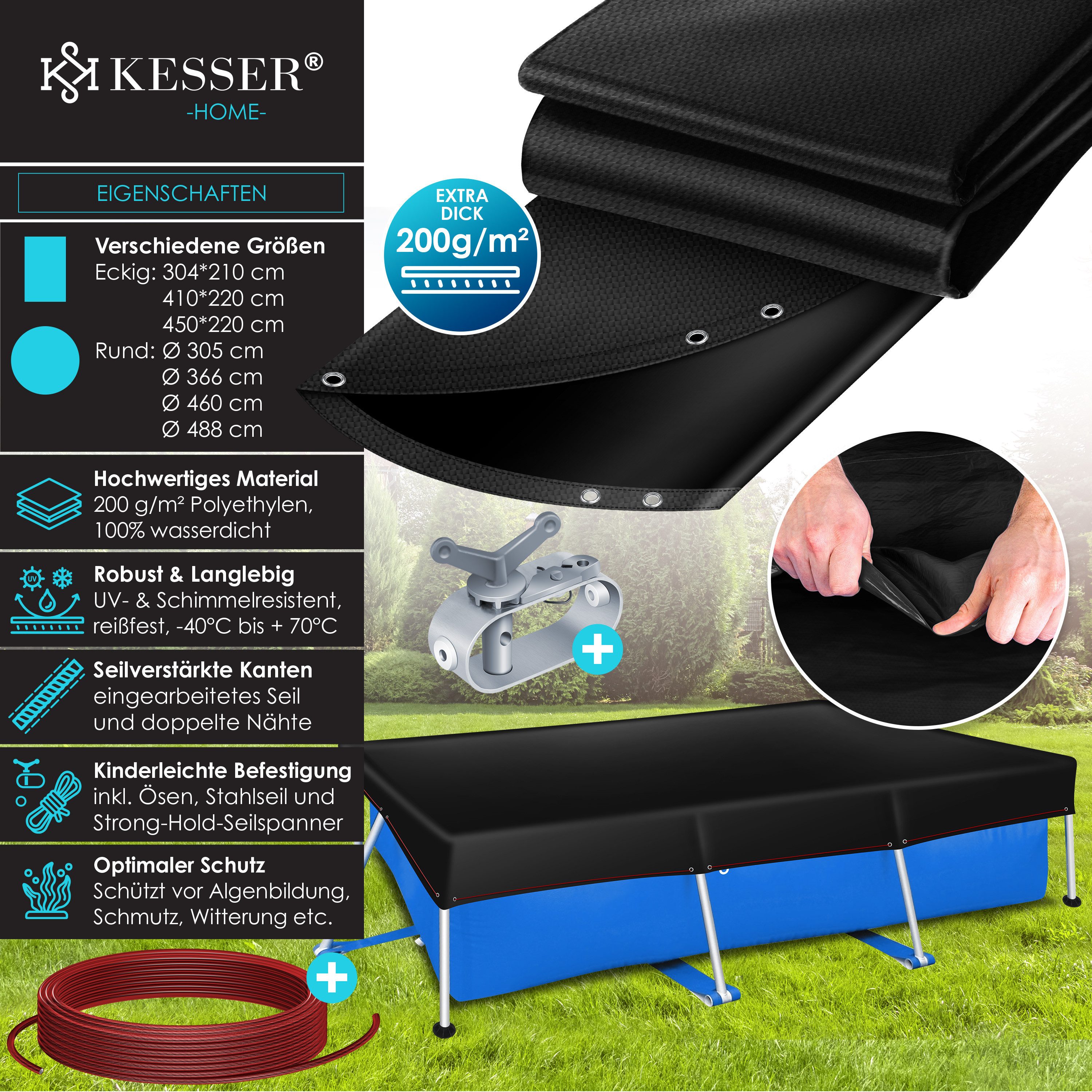KESSER Solarabdeckplane Solar Poolabdeckung inkl. Stahlseil & Seilspanner mit Ösen, 200g/m² PE Material, UV-resistent & Wetterfest für Sommer & Winter