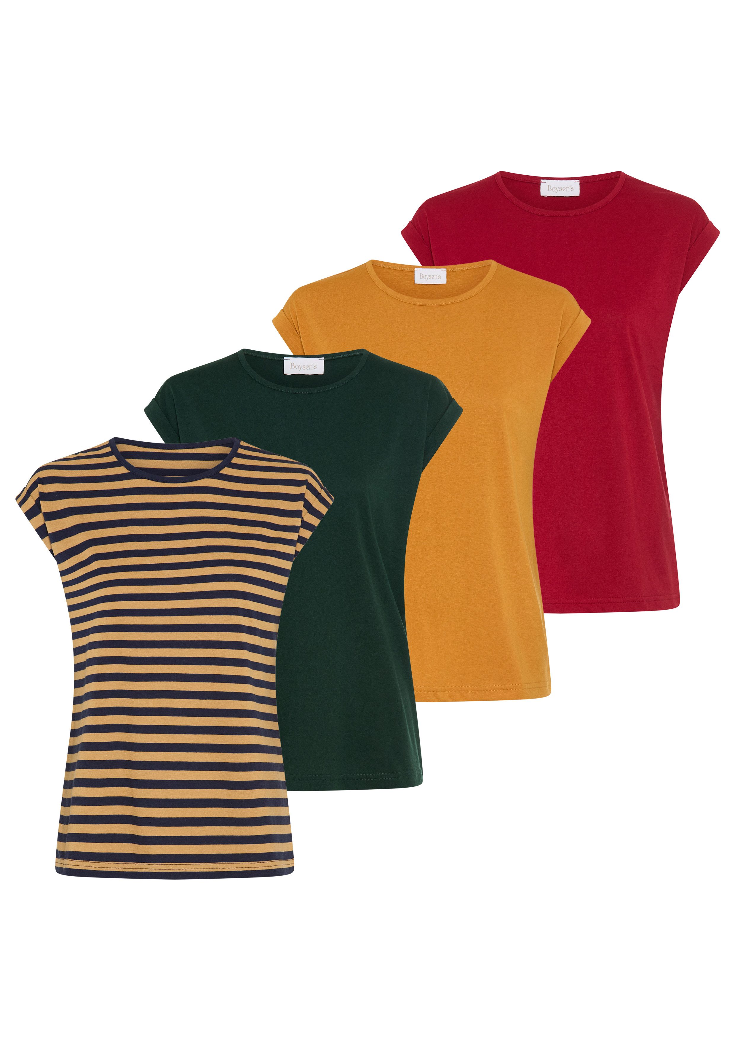 Boysen's T-Shirt im Basic-Stil, weicher Baumwoll-Jersey, viele Farben und Größen (Packung, 4er-Pack) figurumspielende Passform, Rundhalsausschnitt