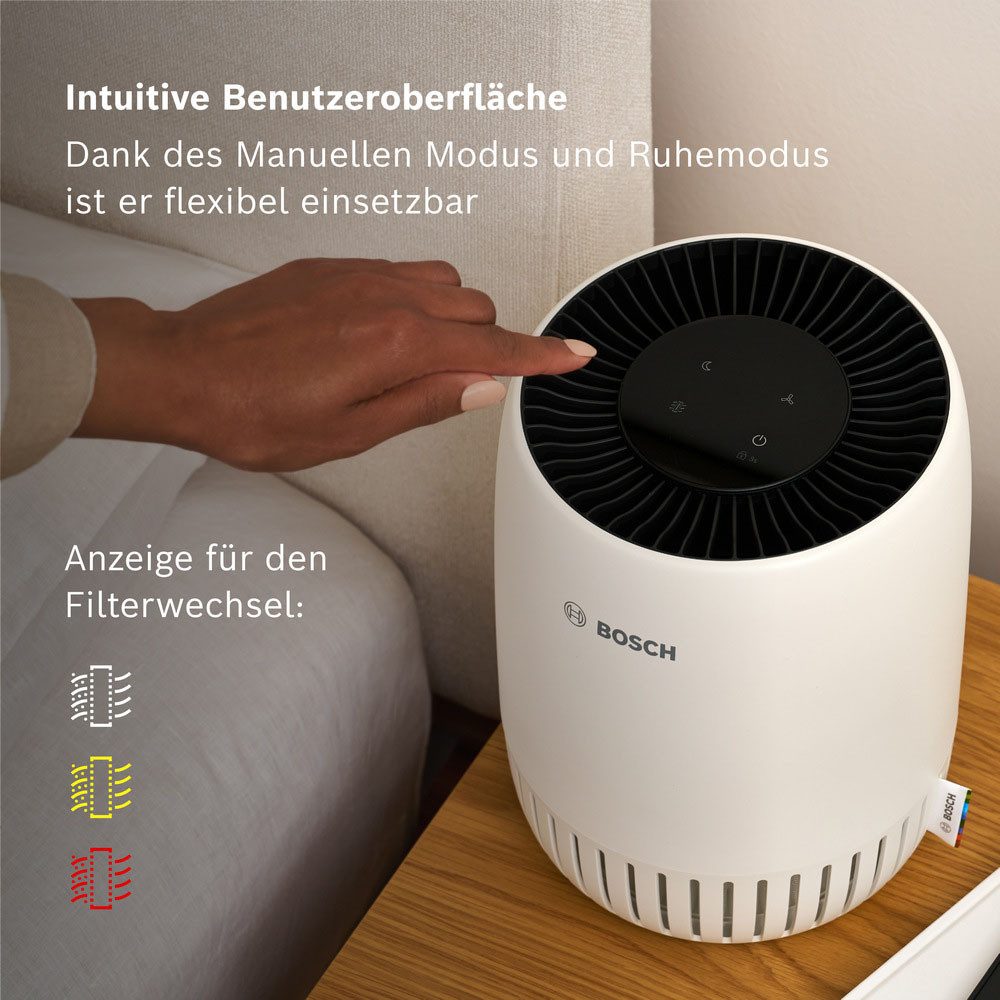 BOSCH Luftreiniger Air 1000, filtert über 99% der Schadstoffe, für 23 m² Räume, mit 3-in-1 Luftfilter, USB-C Anschluss, Automatik- und Ruhemodus