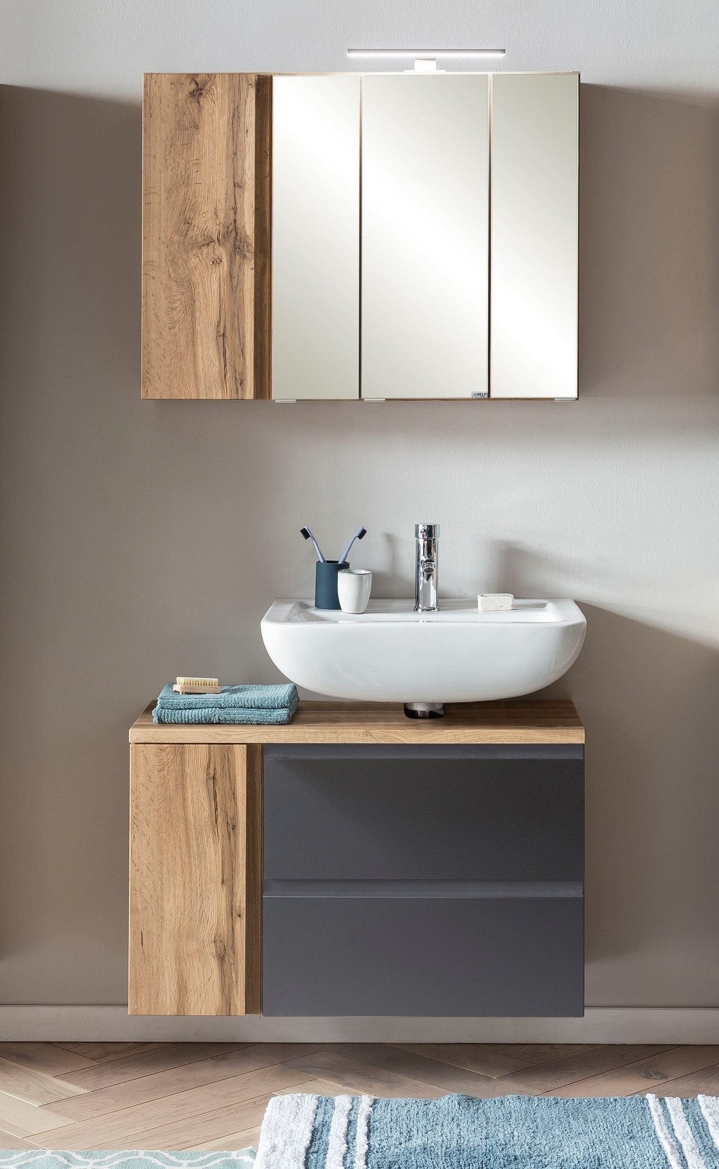 HELD MÖBEL Badmöbel-Set (2-tlg) in grau / Wotaneiche-Dekor - 85x195x35cm (BxHxT), (2-tlg)