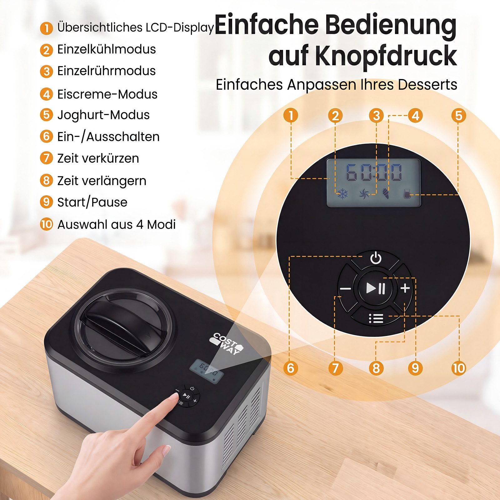 COSTWAY Eismaschine, 1.7 l, 100 W, Eiscrememaschine mit kompressor, Display