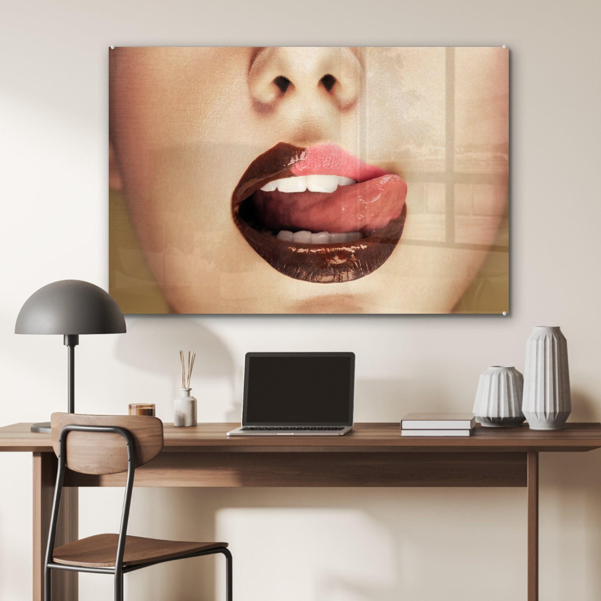 St), Porträt, - & Schokolade Frau MuchoWow Schlafzimmer Wohnzimmer - (1 Acrylglasbild Acrylglasbilder Lippen -