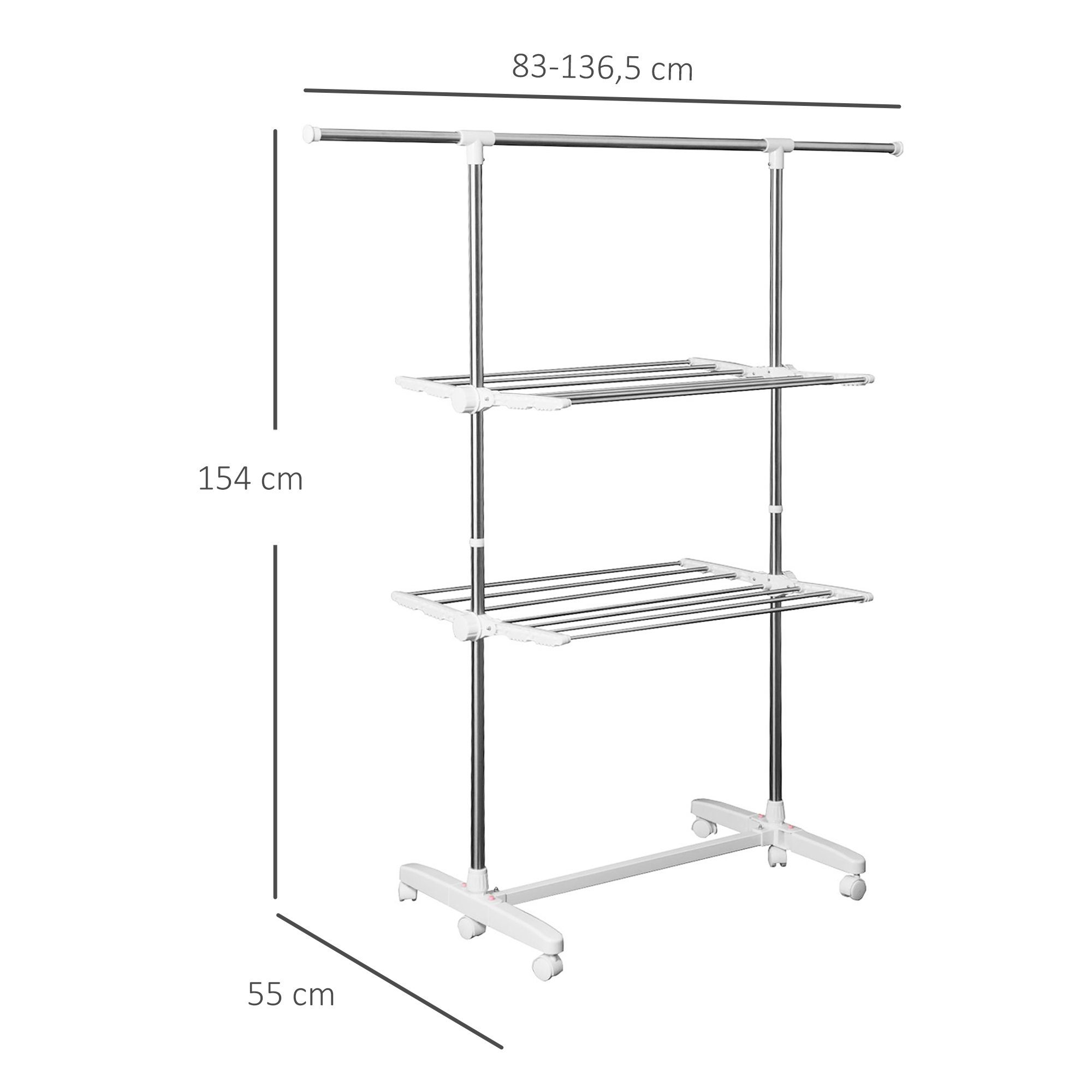 HOMCOM Wäscheständer Klappbarer Trockengestell mit 3 Ebenen, Stahl Weiß 83-136,5 x 55 x 154 cm