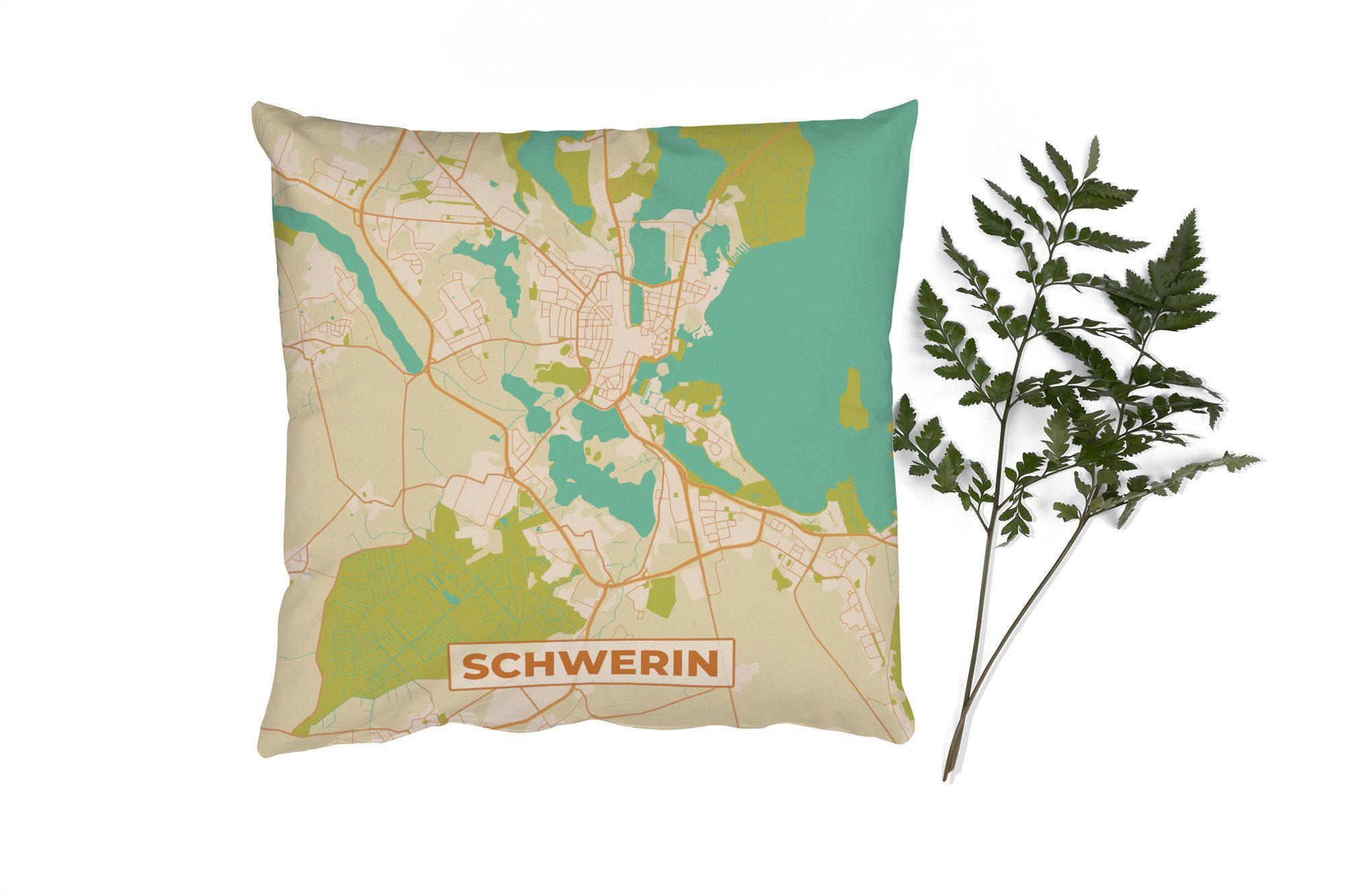 MuchoWow Dekokissen Schwerin - Karte - Vintage - Stadtplan, Zierkissen mit Füllung für Wohzimmer, Schlafzimmer, Deko, Sofakissen