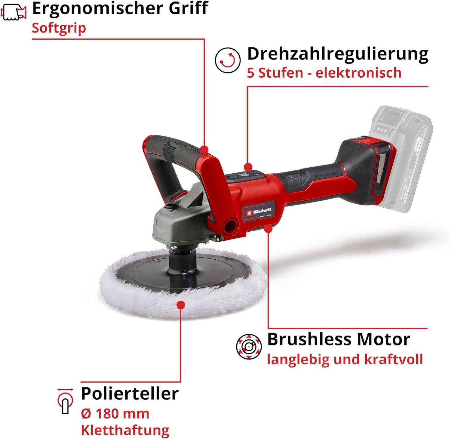 Einhell Akku-Poliermaschine Akku-Polier- / Schleifmaschine CE-CP 18/180 Li 18V Drehzahlregulierung – Bild 4 von 5