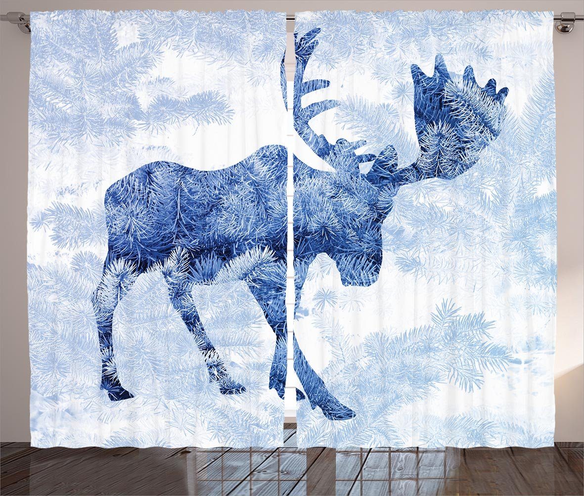 Gardine Schlafzimmer Kräuselband Vorhang mit Schlaufen und Haken, Abakuhaus, Elch Blauer Winter Antlers Baum
