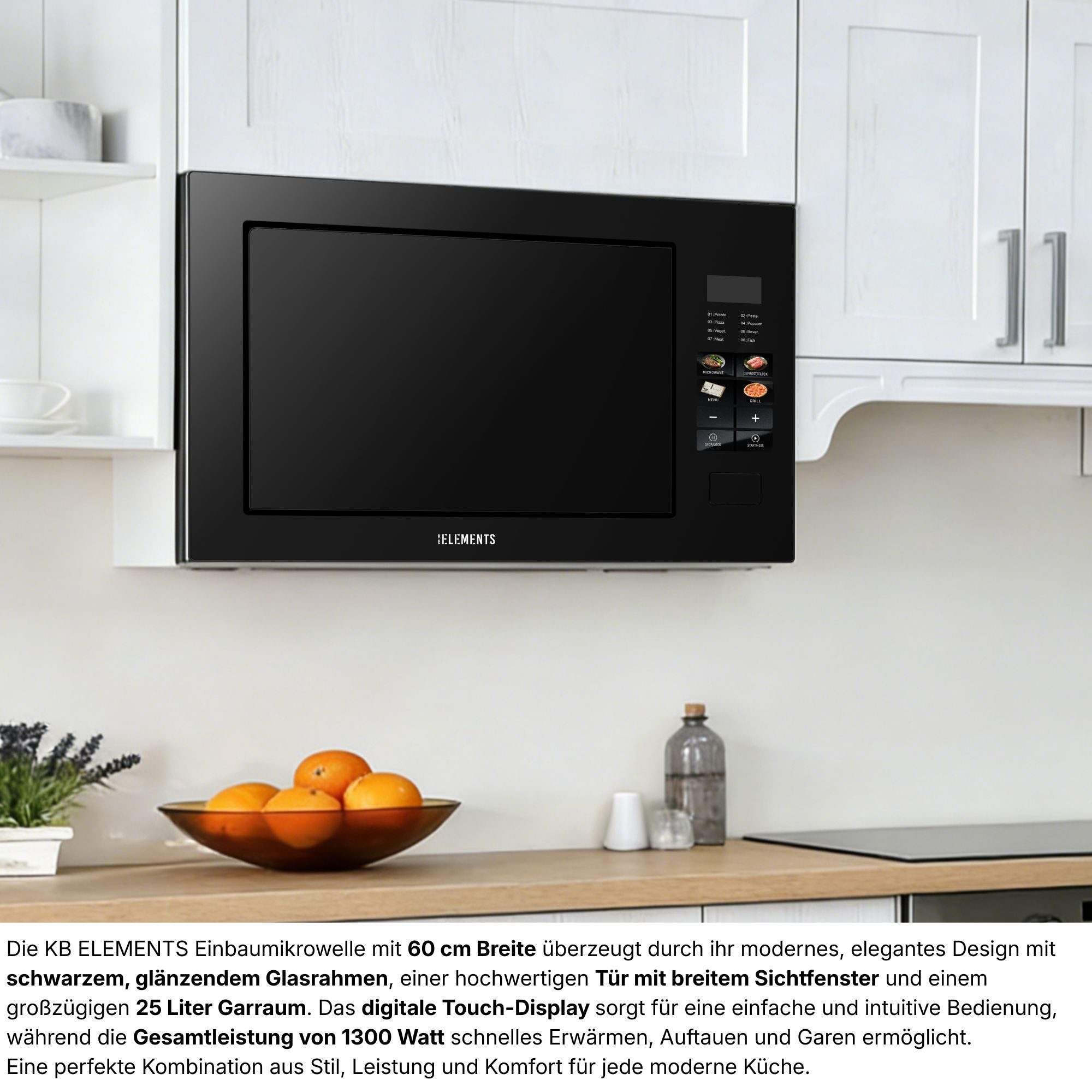 KB Elements Einbau-Mikrowelle ELK25MB1, Grill, 25 l, Full Touch Display, 25 Liter, Glasrahmen