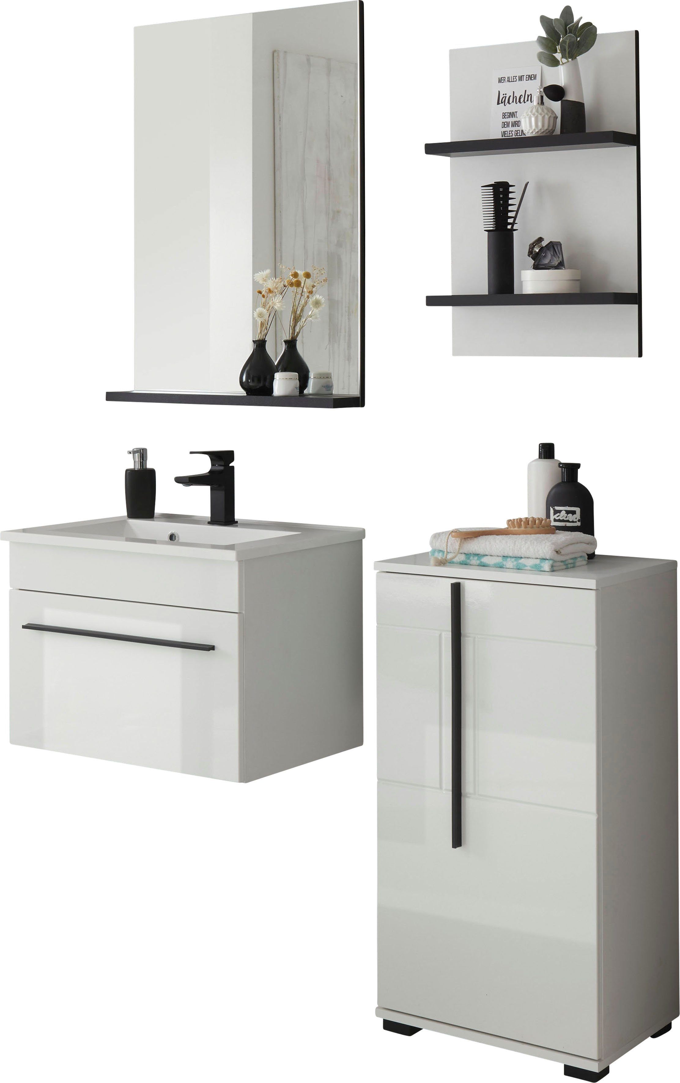 INOSIGN Badmöbel-Set Cantara, Bad im modernen Design, 4-teiliges Badezimmer, (Set, 4-St), Waschtisch, Schrank, Hängeregal und Spiegel, in Weiß Hochglanz