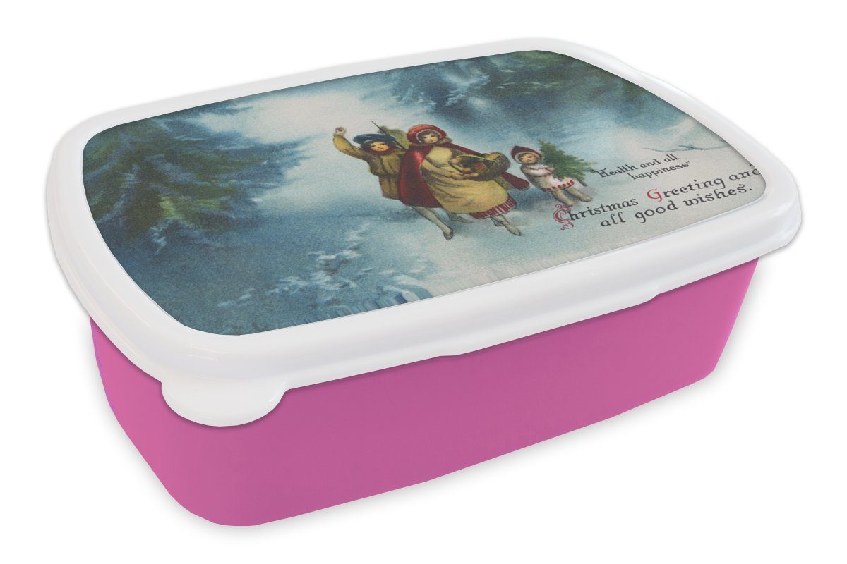 MuchoWow Lunchbox Weihnachtsbotschaft - Schnee - Weihnachten, Kunststoff, (2-tlg), Brotbox für Erwachsene, Brotdose Kinder, Snackbox, Mädchen, Kunststoff rosa