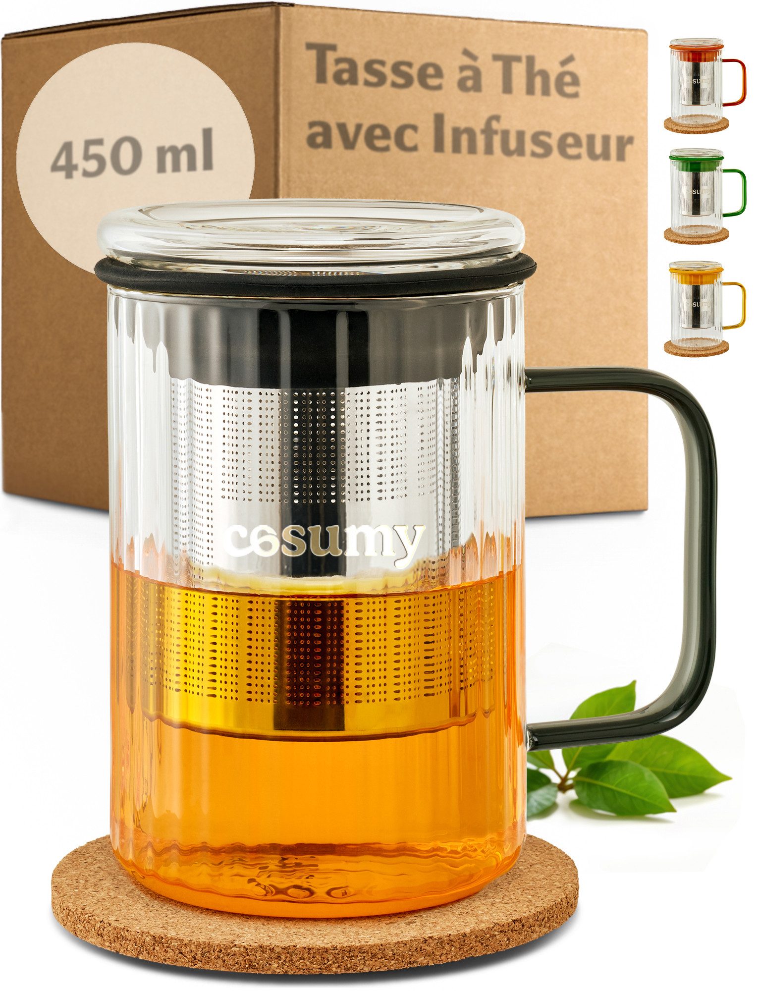 Cosumy Teeglas Cosumy Teetasse mit Deckel und Sieb 450ml Schwarz, Borosilikatglas, Edelstahl, Kork, Edelstahlfilter