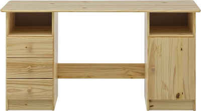 furnling Schreibtisch Oslo, aus massivem Kieferholz,1-türig mit 3 Schubladen und 2 offenen Fächern