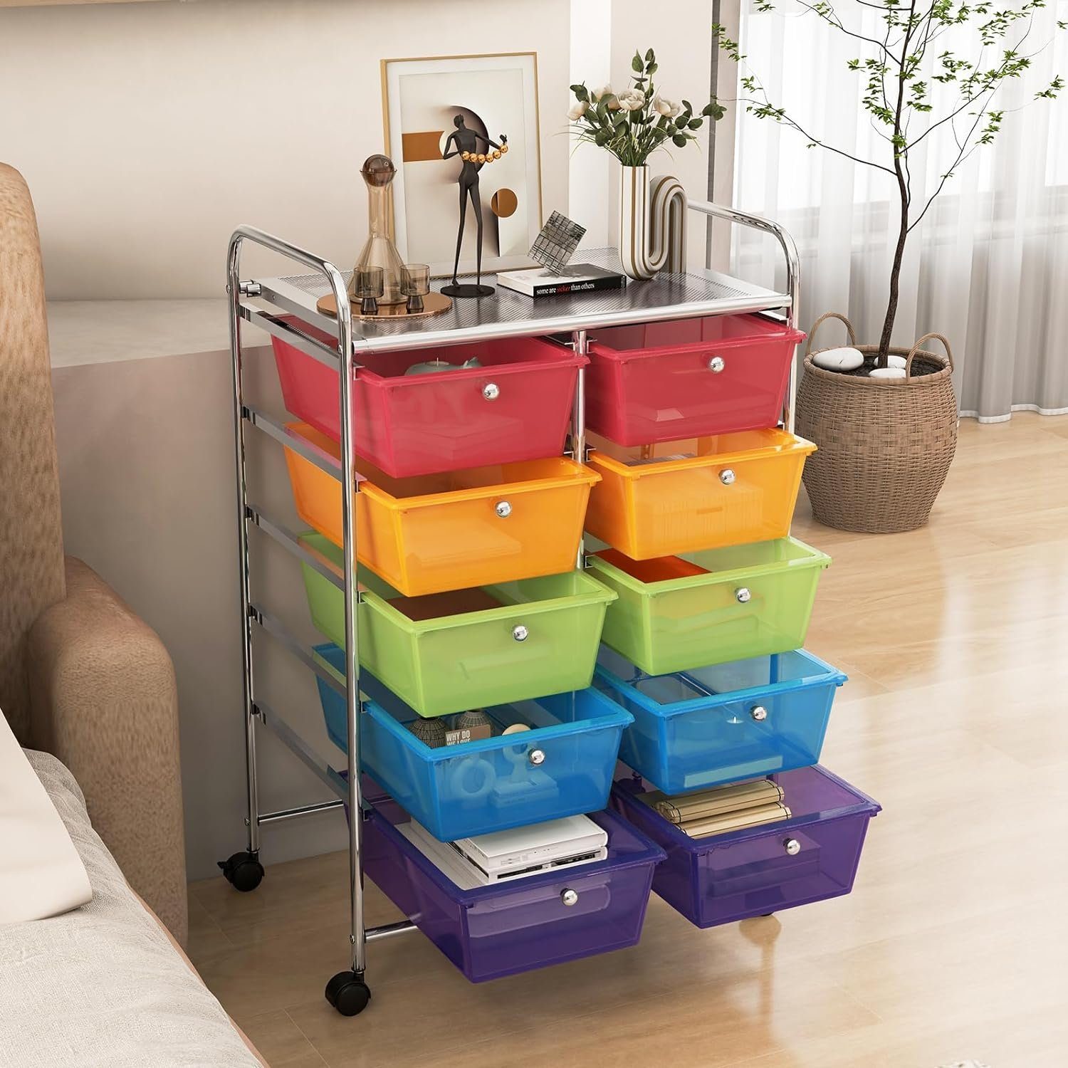 KOMFOTTEU Schuhregal Rollcontainer, mit 10 Schubladen stapelbar, 65,5 x 37 x 87 cm