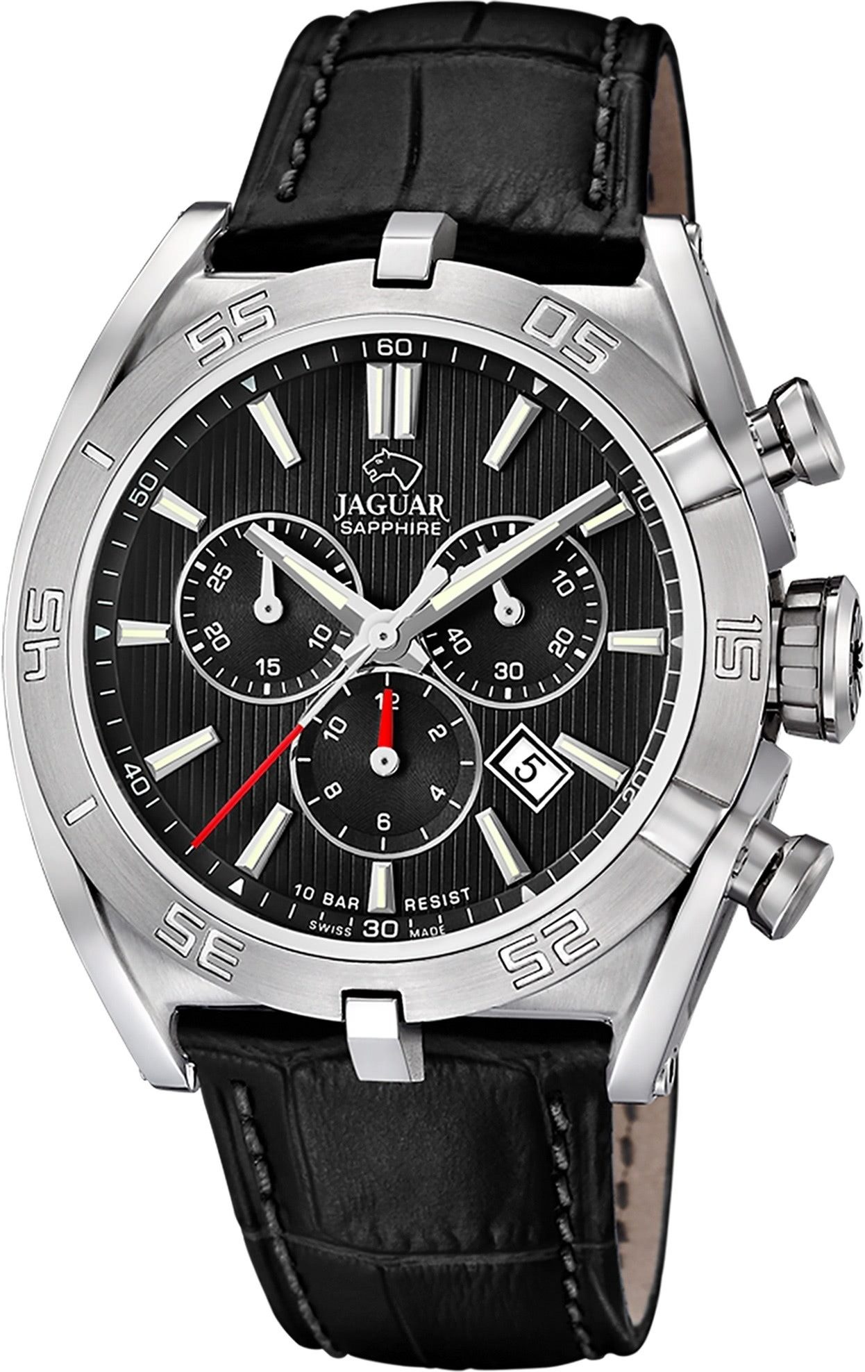 JAGUAR Chronograph Jaguar Herrenuhr Leder schwarz Jaguar, (Chronograph), Herren Armbanduhr rund, Lederarmband schwarz