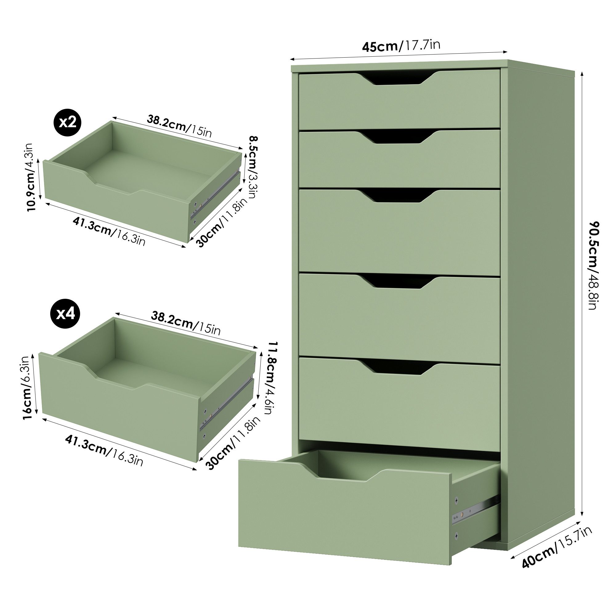 Homfa Kommode Schubladenschrank, Schubladenkommode, Aktenschrank, mit 6 Schubladen, 45x40x90,5 cm, Grün – Bild 4 von 5