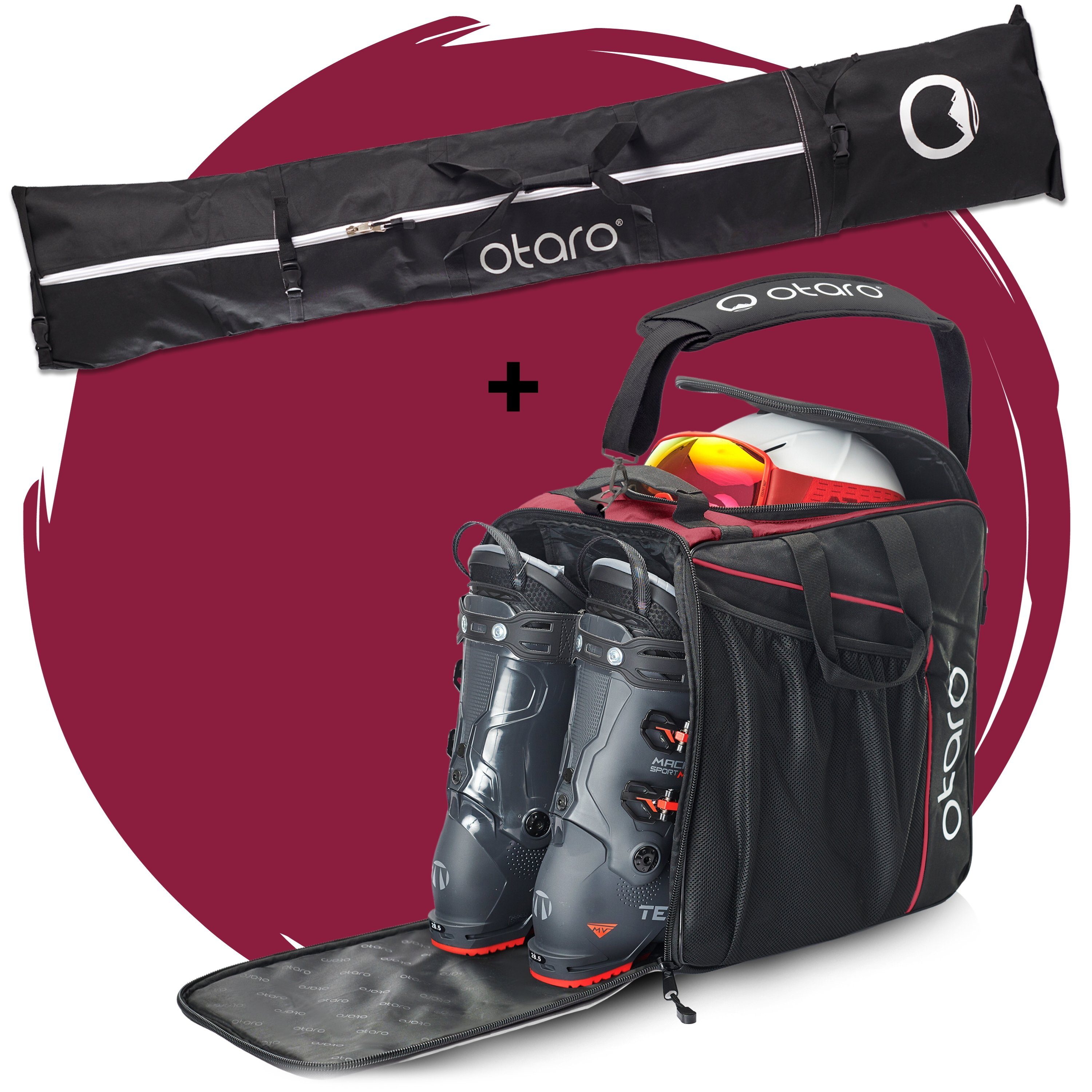 Otaro Sporttasche Set: Skischuhtasche & Skitasche, Classic-Set für 2 Paar Ski (Schutz für deine Ausrüstung, Perfekt durchdacht, ausklappbare Standfläche, für 2 Paar Ski + Stöcke) Schwarz Bordeauxrot