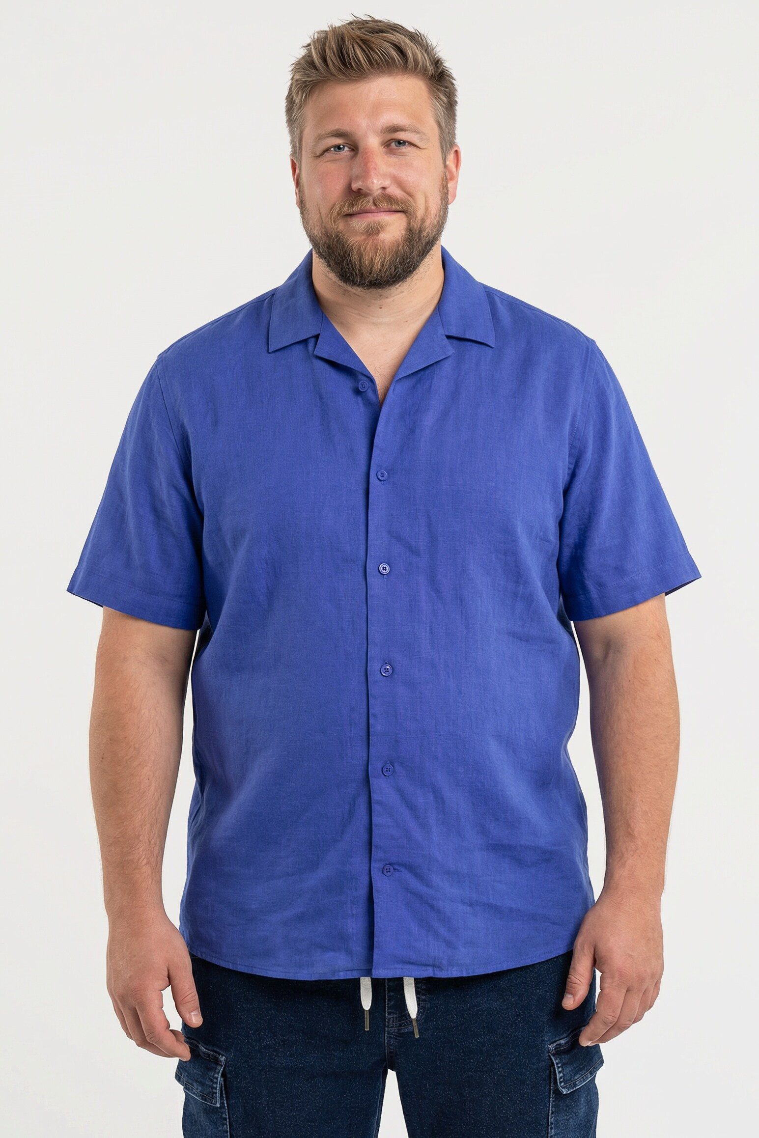Men Plus Kurzarmhemd Leinenoptik-Hemd Halbarm Cubakragen Cuba Fit