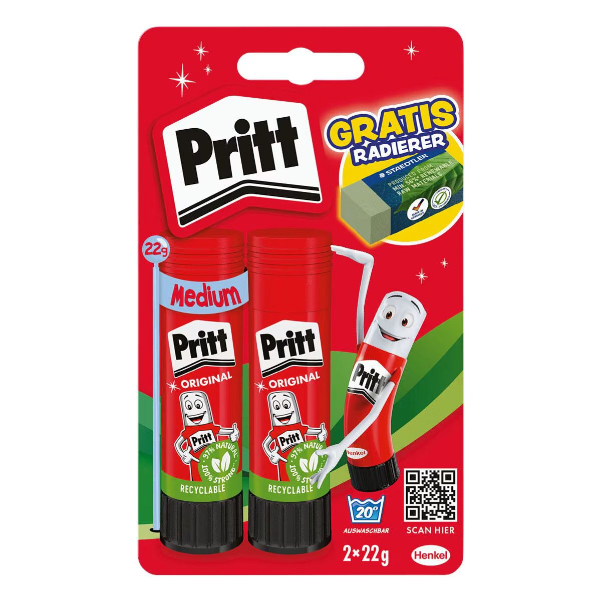 PRITT Bastelkleber Pritt Klebestift 2× 22g – lösungsmittelfrei, Doppelpack