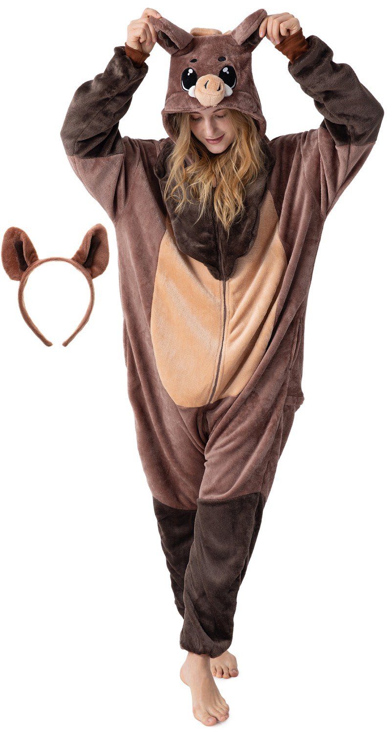 Corimori Partyanzug Flauschiges Wildschwein-Kostüm für Erwachsene, mit  Haarreif, Onesie für Damen, Herren,Fasching, Karneval, Waldtiere