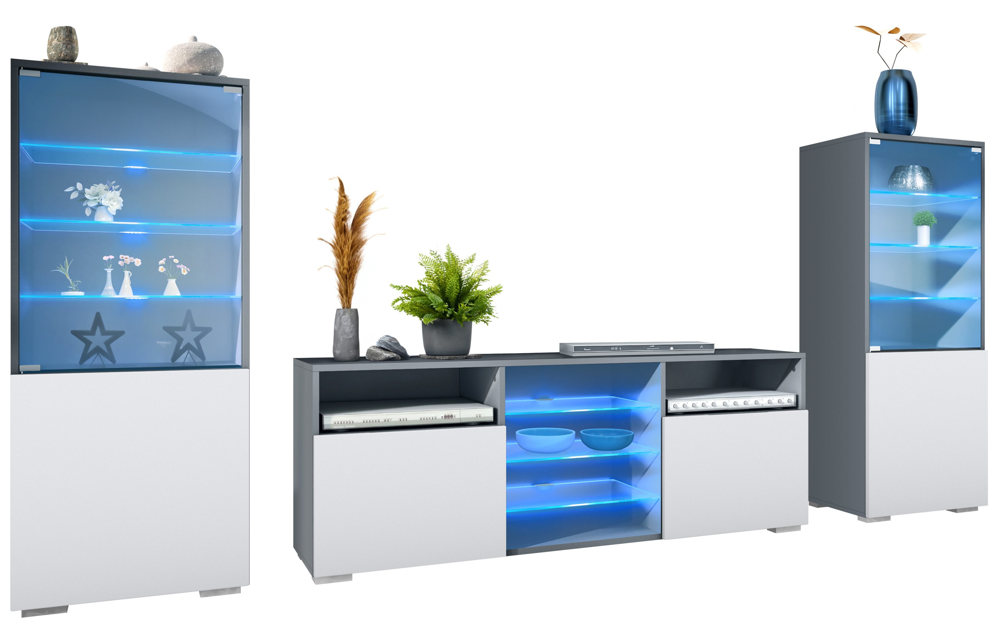 Vladon Wohnwand Granada, (Anbauwand, bestehend aus 2 Vitrinen, 1 TV-Board und LED-Beleuchtung), Anthrazit matt/Weiß matt (286 x 122,5 x 35 cm)