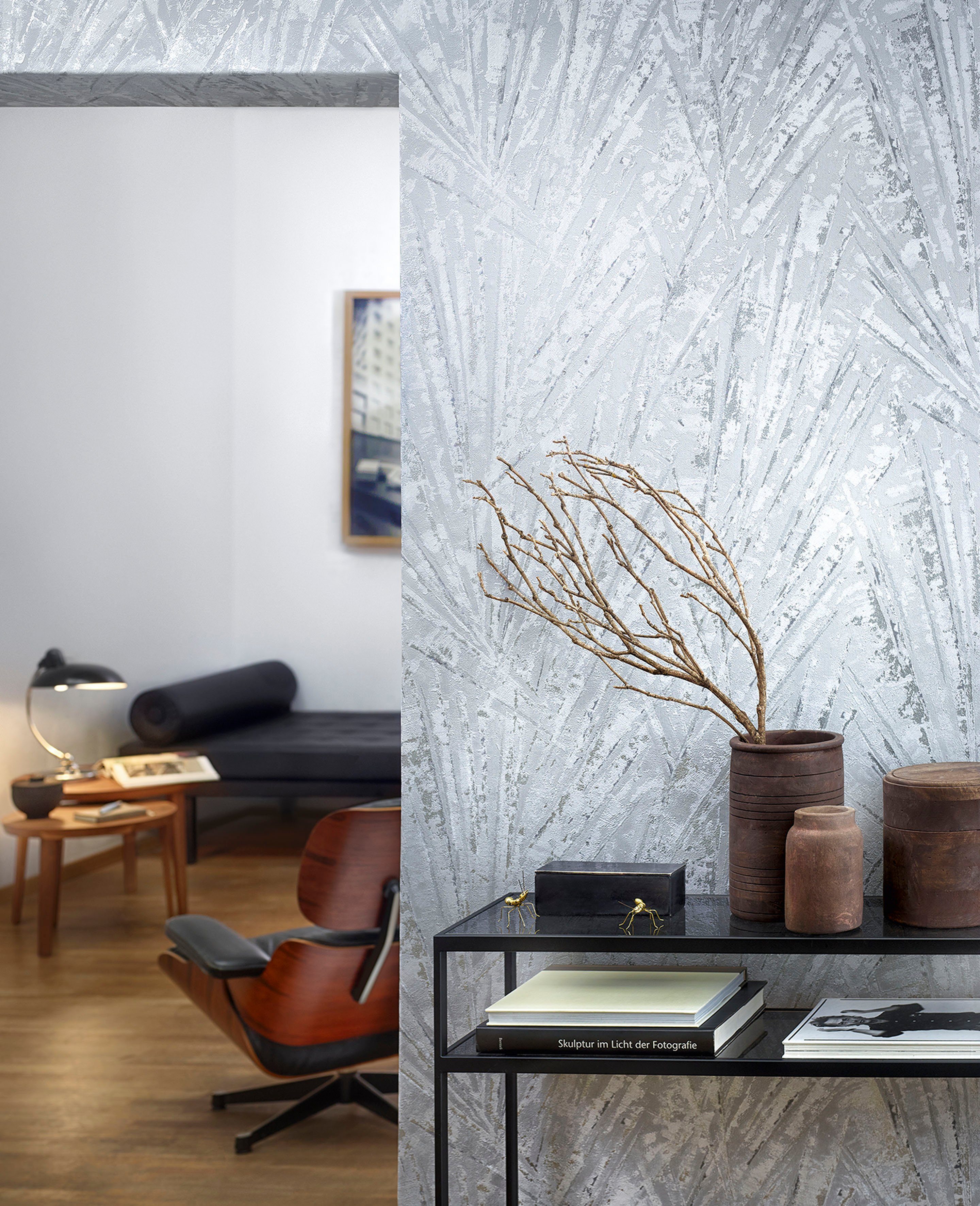 Marburg Vliestapete Palm, geprägt, Kunst moderne Vliestapete für Wohnzimmer Schlafzimmer Küche grau