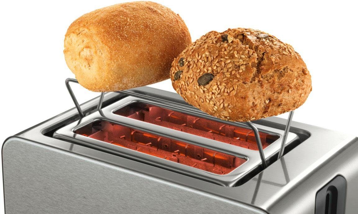 BOSCH Toaster TAT7S25, integrierter Edelstahl-Brötchenaufsatz, mit Abschaltautomatik, 2 kurze Schlitze, für 2 Scheiben, 1050 W, Auftaufunktion, ideal für 2 Scheiben Toast, Schwarz/Grau
