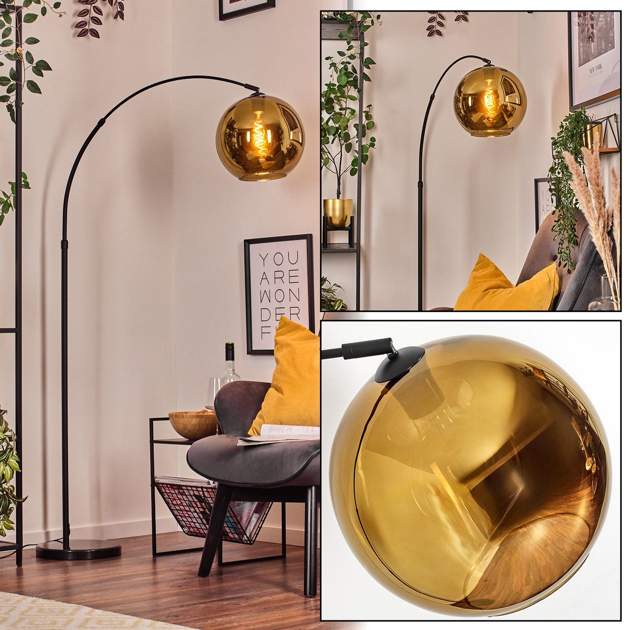 Stehlampe Stehlampe aus Metall/Glas in Schwarz/Goldfarben mit Marmorfuß