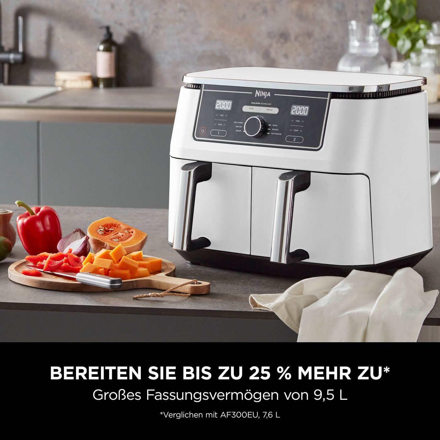 NINJA Heißluftfritteuse Ninja Foodi MAX Dual Zone Heißluftfritteuse AF400EUWH, 2470 W, Zwei Gerichte auf zwei Arten gleichzeitig garen