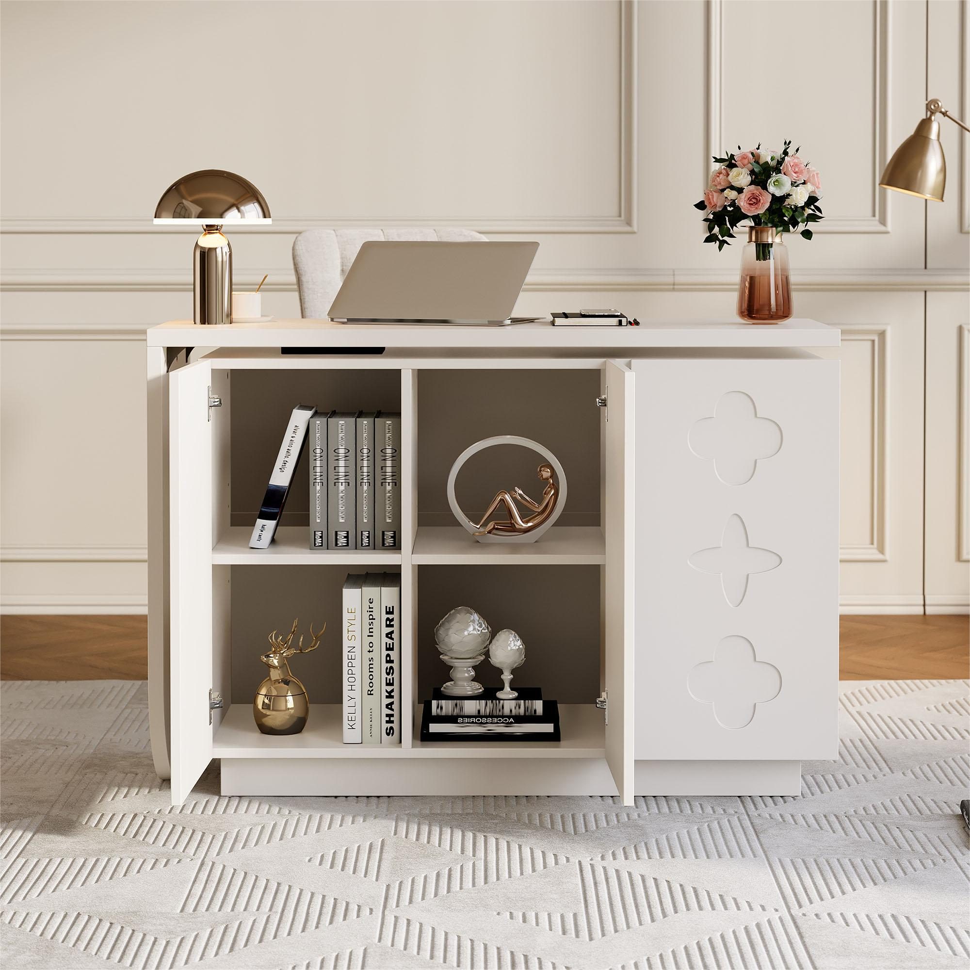 Flieks Kommode mit 360° drehbar Tisch weiß (B110-170/T40/H75cm, 1 St., mit verstellbarer Ablage), Schminktisch Eckschreibtisch Sideboard mit Stauraum, Breite 110/170 cm