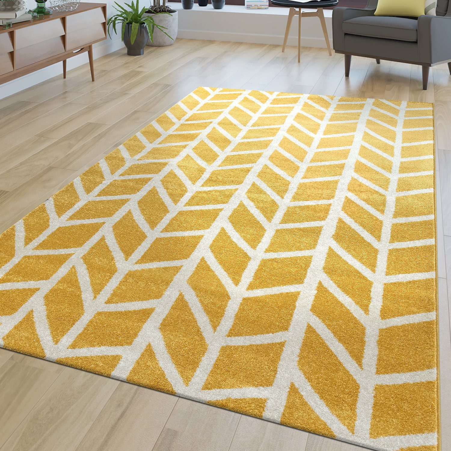 Teppich Wohnzimmer Modern Muster Kurzflor Streifen Design In Gelb Grau, TT Home, Läufer, Höhe: 15 mm
