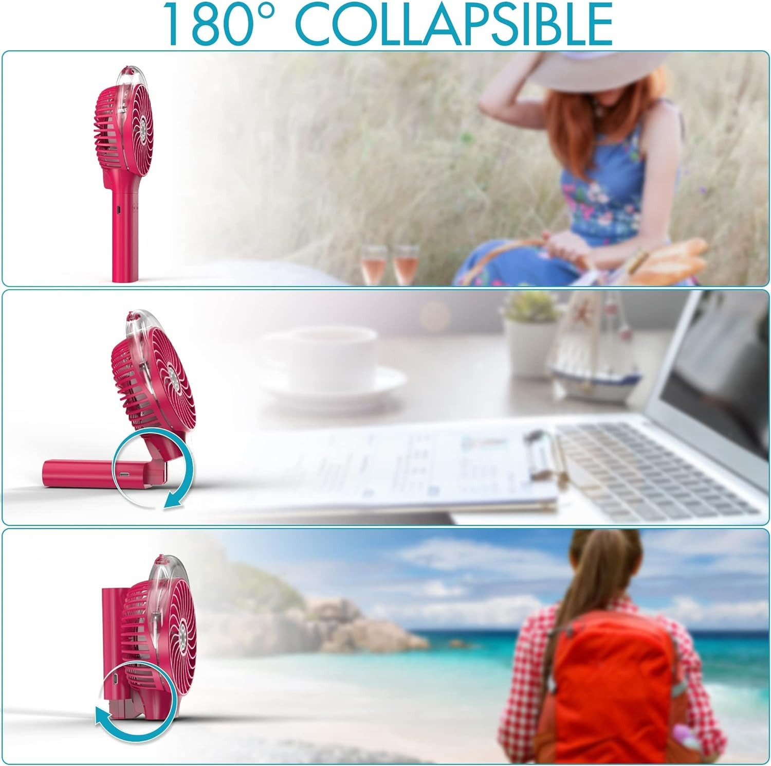 LA CUTE Handventilator mit Gesichtsabkühlung Wasserspray mit Akku Urlaub Reise Camping, Nebelfunktion USB-C 3 Stufen Leistungsstarker Akku Festival Camping