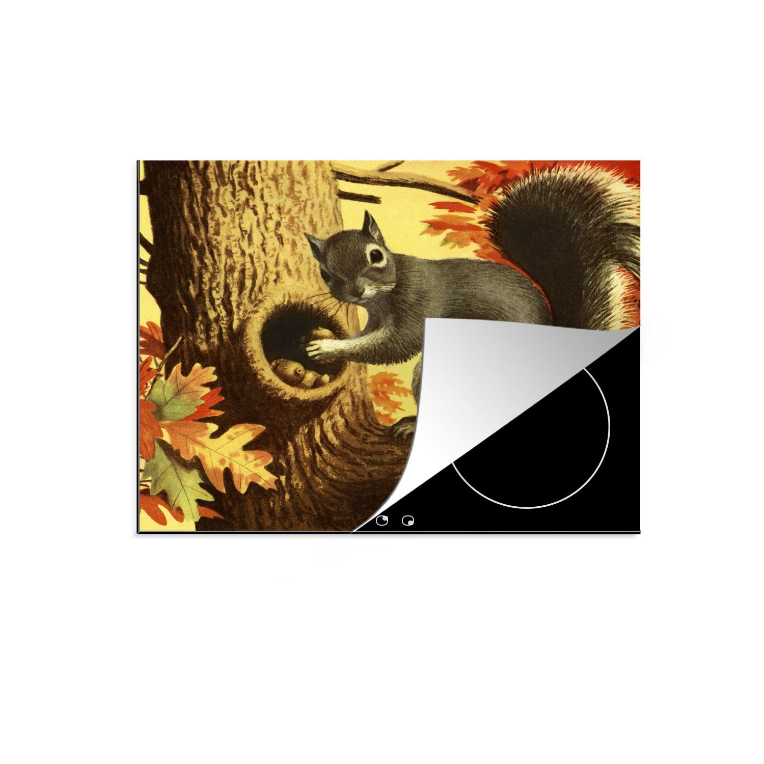 eines (1 Mobile Versteck, nutzbar, Vinyl, Arbeitsfläche cm, Illustration Eichhörnchens 60x52 tlg), MuchoWow mit Herdblende-/Abdeckplatte Ceranfeldabdeckung seinem Eine