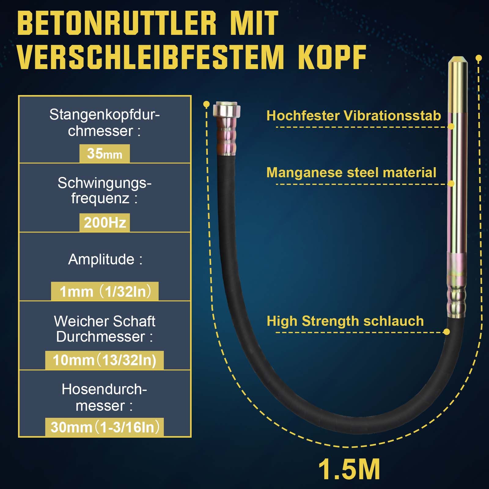 XERSEK Betonmischer 1550W Betonrüttler Innenrüttler 5500RPM Elektrisch Beton Rüttelflasche, mit 1.5m Betonverdichter, 35 mm Vibrationsflasche