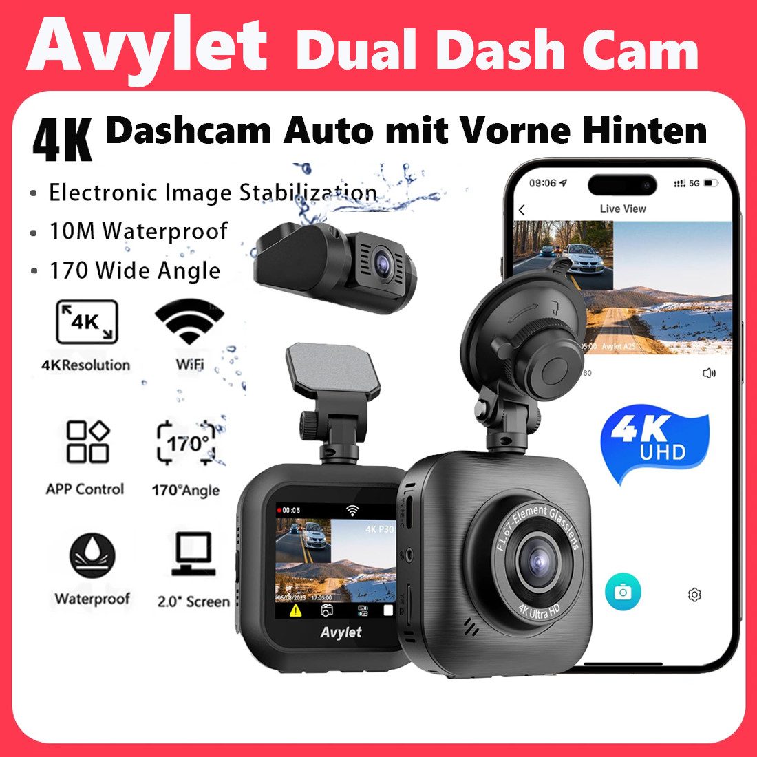 Avylet Dashcam Auto mit Vorne Hinten 4K/1080P, WiFi Autokamera Dashcam (2160p, 1080p HD, WLAN (Wi-Fi), G-Sensor, 24Std.Parküberwachung/Bewegungserkennung,Superkondensator, Loop-Aufnahme, APP Steuerung,170° Weitwinkel und Super Nachtsicht,WDR)