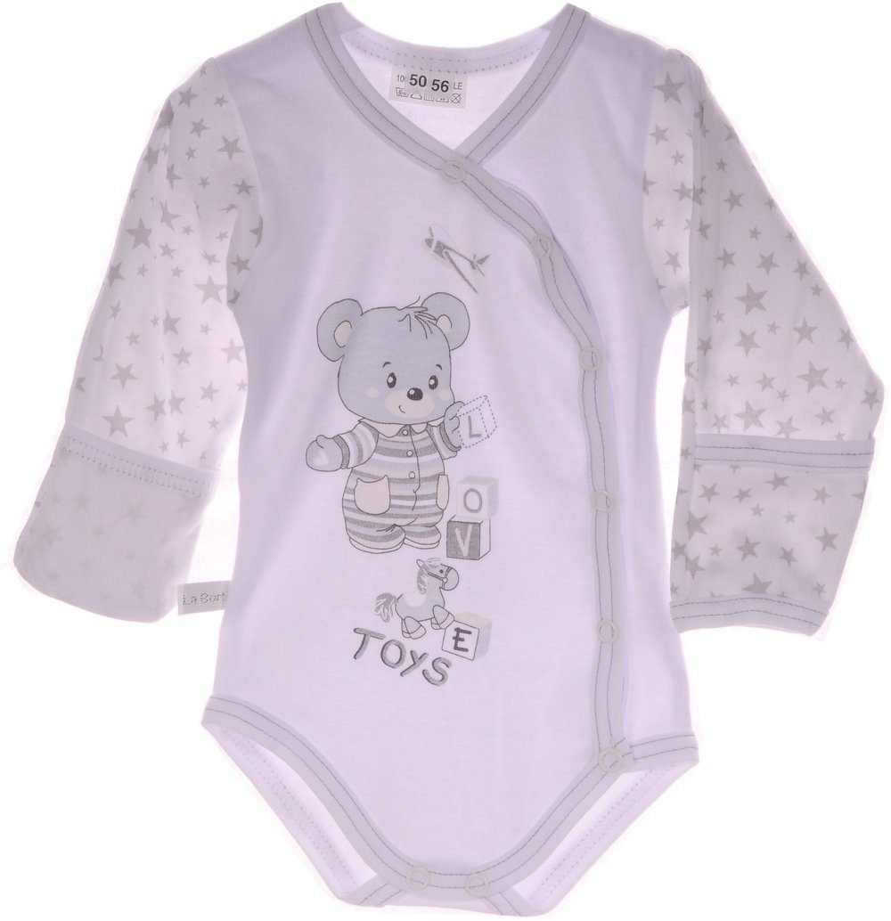 La Bortini Wickelbody Baby Body Langarmbody in Weiß mit Sternchen und Bärchen aus reiner Baumwolle, 44 50 56 62 68 74 80 86 92 98 104