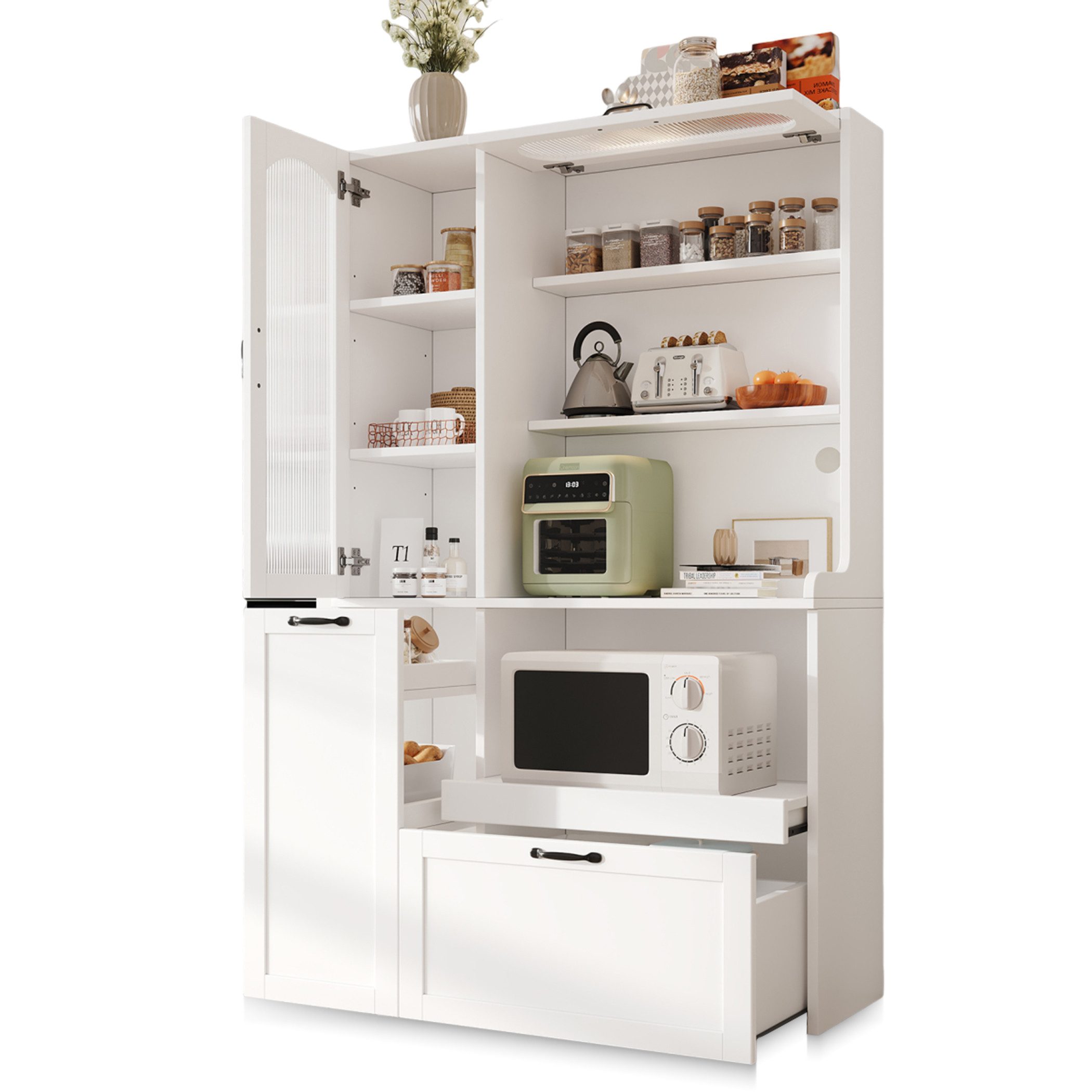 SeedWave Buffet Allzweck Küchenbuffet Mikrowellenschrank mit Glastüren, Beistellwagen 177cm Höhe Küchenschrank mit 63cm Arbeitsplatte, Großer Schublade