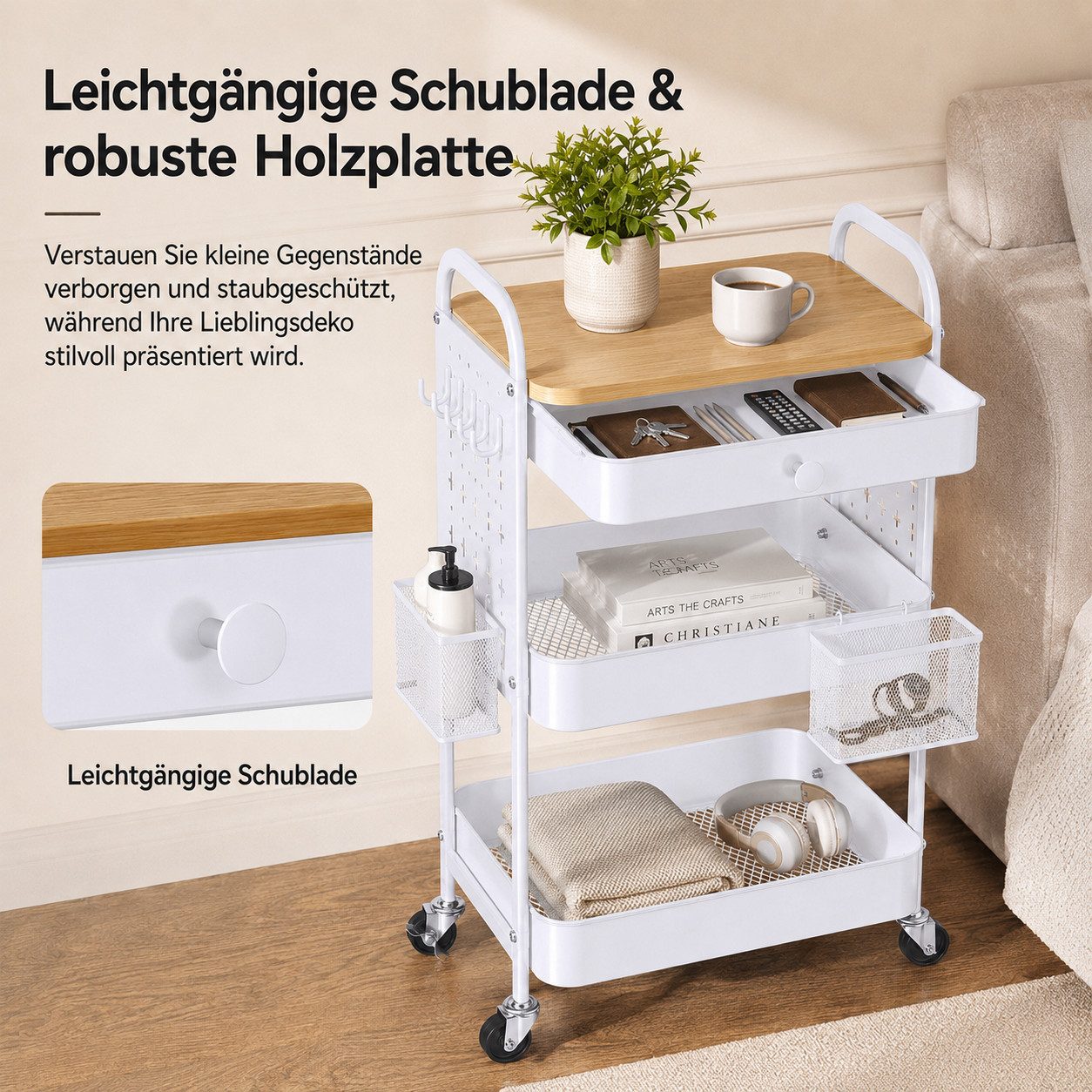 BlingBin Rollwagen 3 Ebenen Aufbewahrungswagen, Servierwagen mit Schubladen & Holzplatte, (1er Set, 1 St., 1 tlg), Küchenwagen mit Haken und Hängekorb, für Wohn – Bild 5 von 5