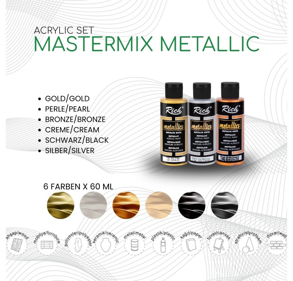 Thumbnail - Rich Hobby Acrylfarbe RICH MASTERMIX Metallic Acrylfarben-Set 6 Farben - 60 ml, Intensive Deckkraft, geeignet für Künstl...