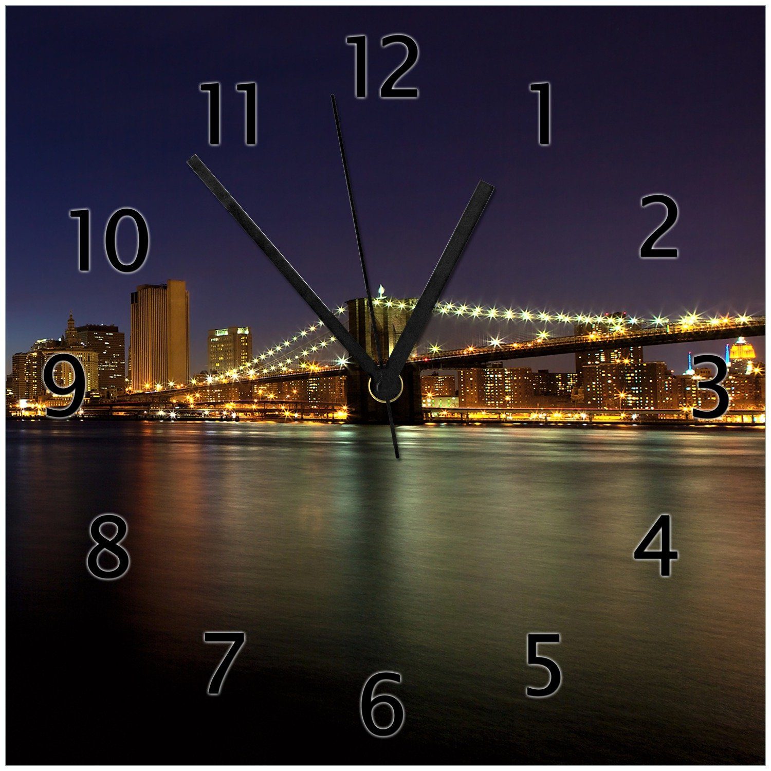 Wallario Wanduhr Abend Brooklyn York New Manhattan - am und (Glasuhr) Bridge Skyline