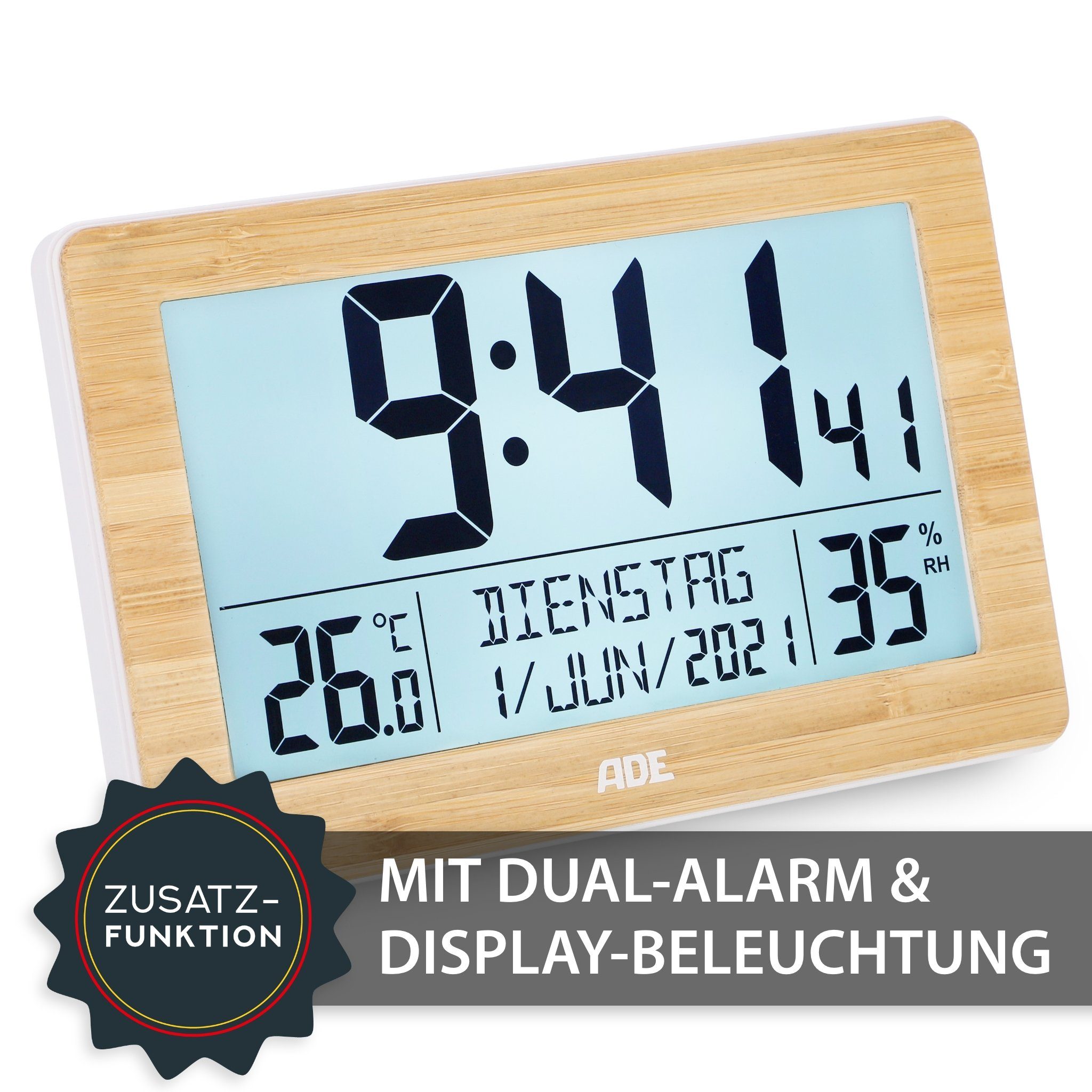 ADE Funktischuhr Digitale Tischuhr Wecker mit Thermometer und Hygrometer 2 Weckzeiten, ausgeschriebener Wochentag, zum Hängen oder Stellen