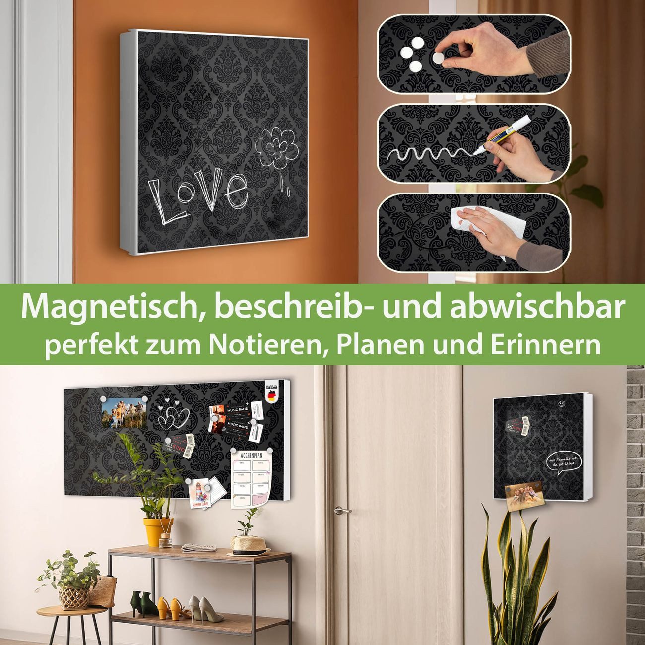 banjado Schlüsselkasten aus Metall mit Motiv Black Deluxe (Stahl Gehäuse, mit 32 Haken, beschreibbar & magnetisch), 30 x 30 x 5 cm
