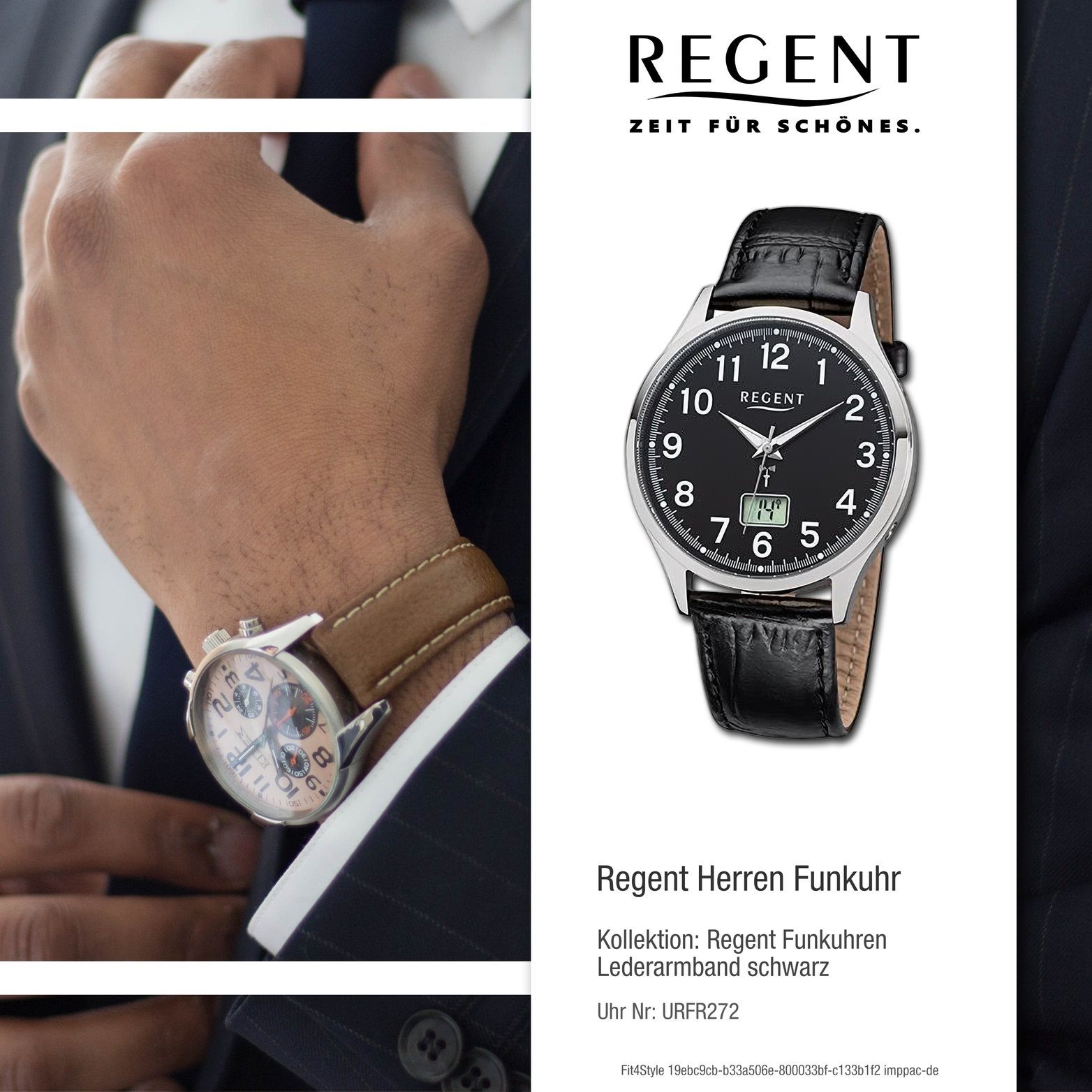Regent Funkuhr Regent Herren rundes 40mm) Lederarmband schwarz, extra Gehäuse, (ca. Herrenuhr Analog-Digital, Funkuhr groß
