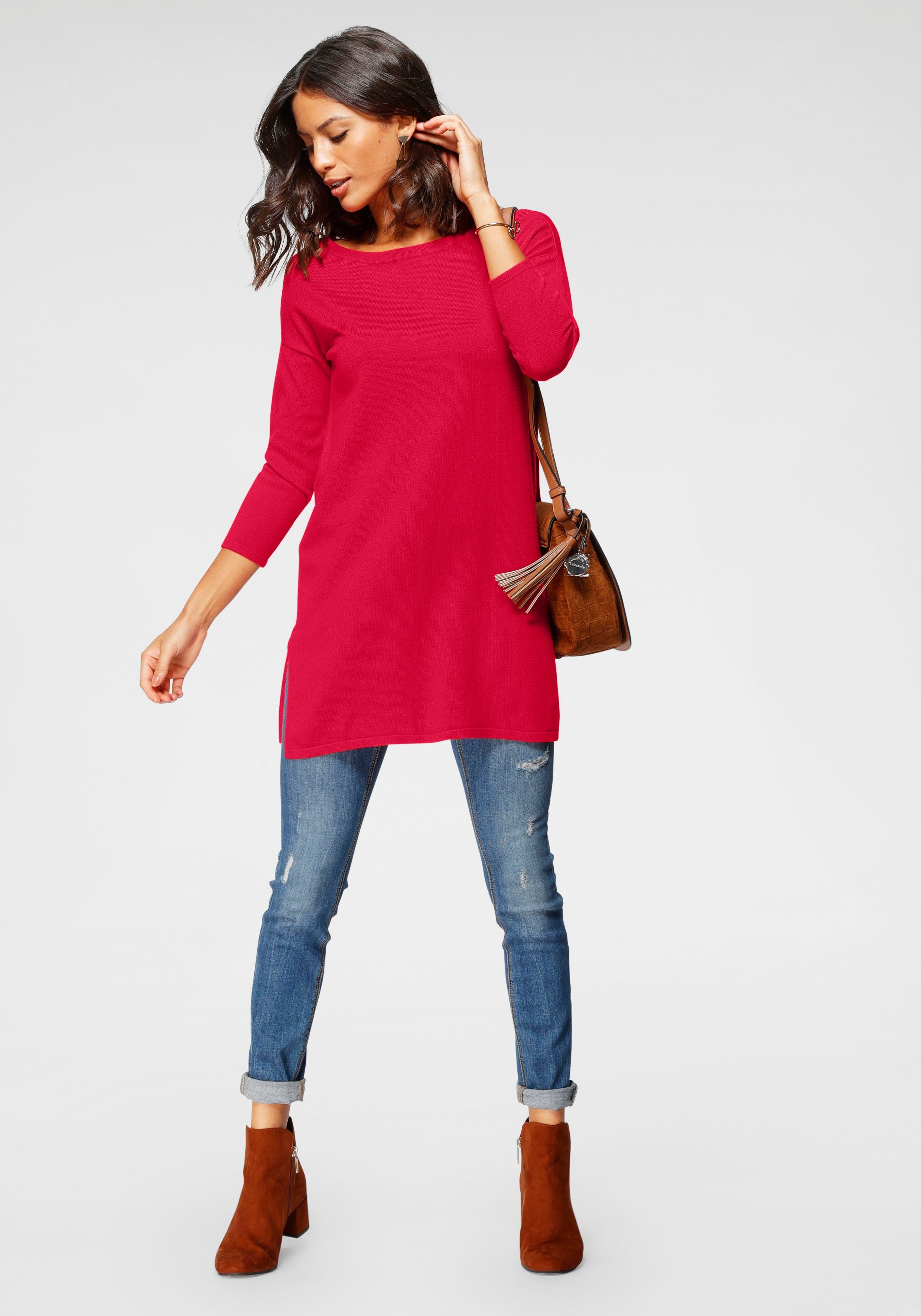 Laura Scott Longpullover Feinstrick mit U-Boot Ausschnitt und seitlichem Schlitz