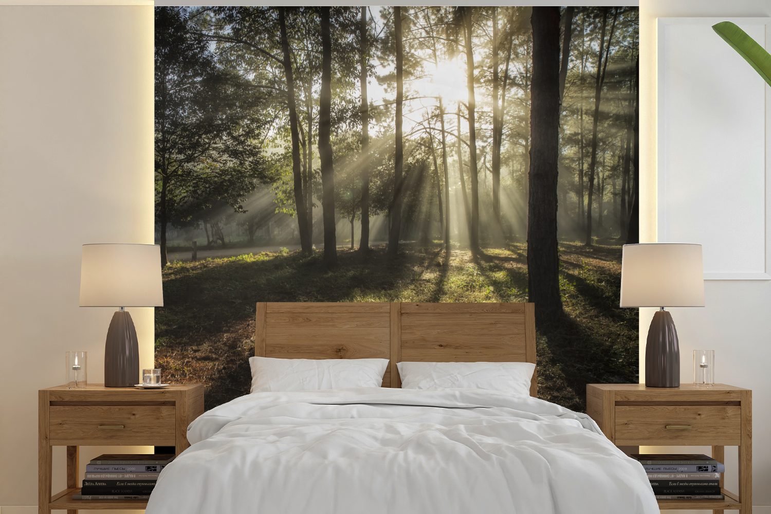 Sonne Wald Schlafzimmer, - Nebel, für Wohnzimmer St), Fototapete (5 Tapete oder Wandtapete Vinyl bedruckt, - MuchoWow Matt,