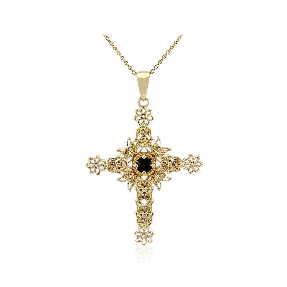 Silberkette Kreuz-Anhänger aus sambischem Granat, vergoldetes Silber, 0,279 ct