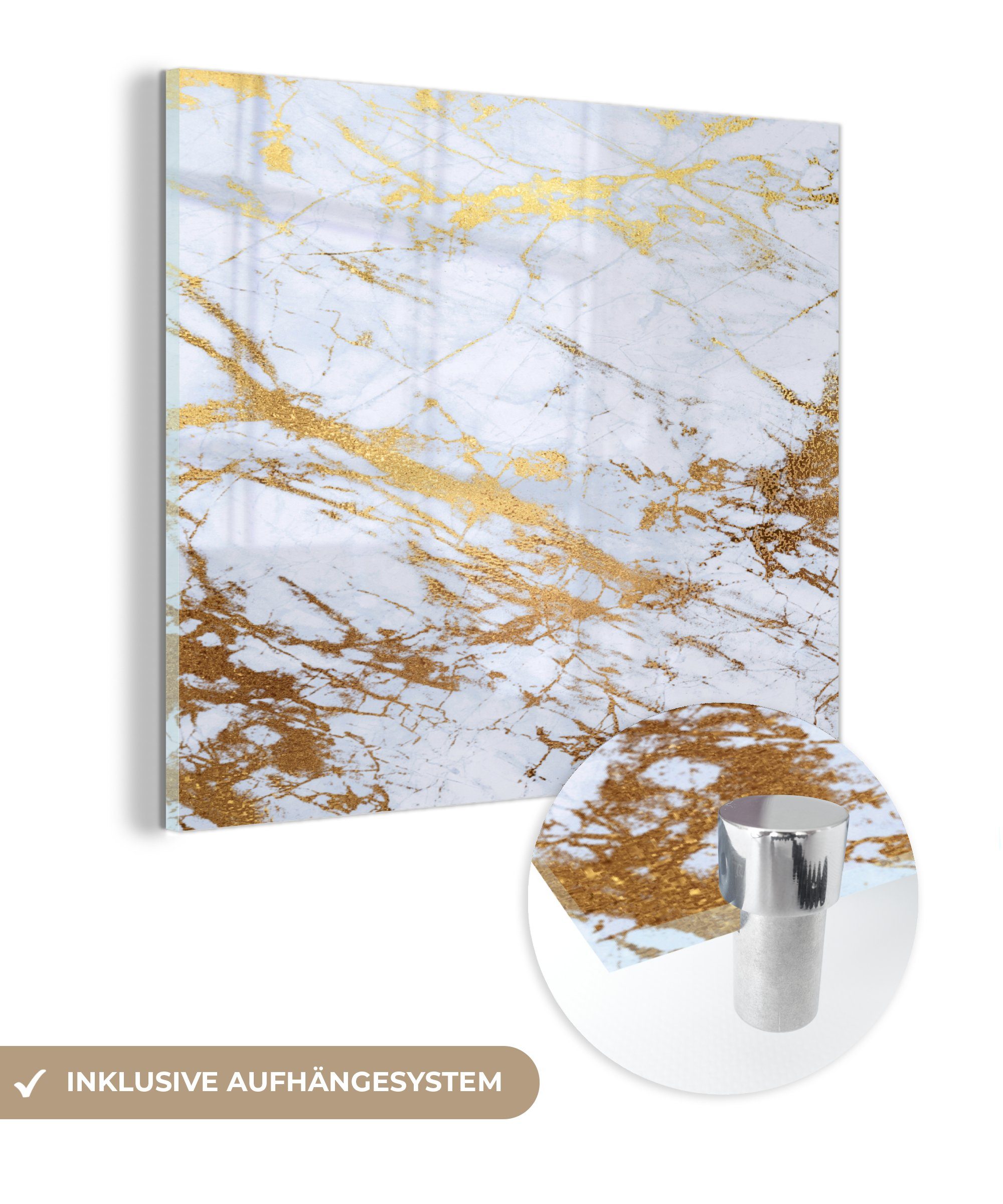 MuchoWow Acrylglasbild Marmor - Gold - Weiß - Luxe - Marmoroptik - Glitzer, (1 St), Glasbilder - Bilder auf Glas Wandbild - Foto auf Glas - Wanddekoration bunt