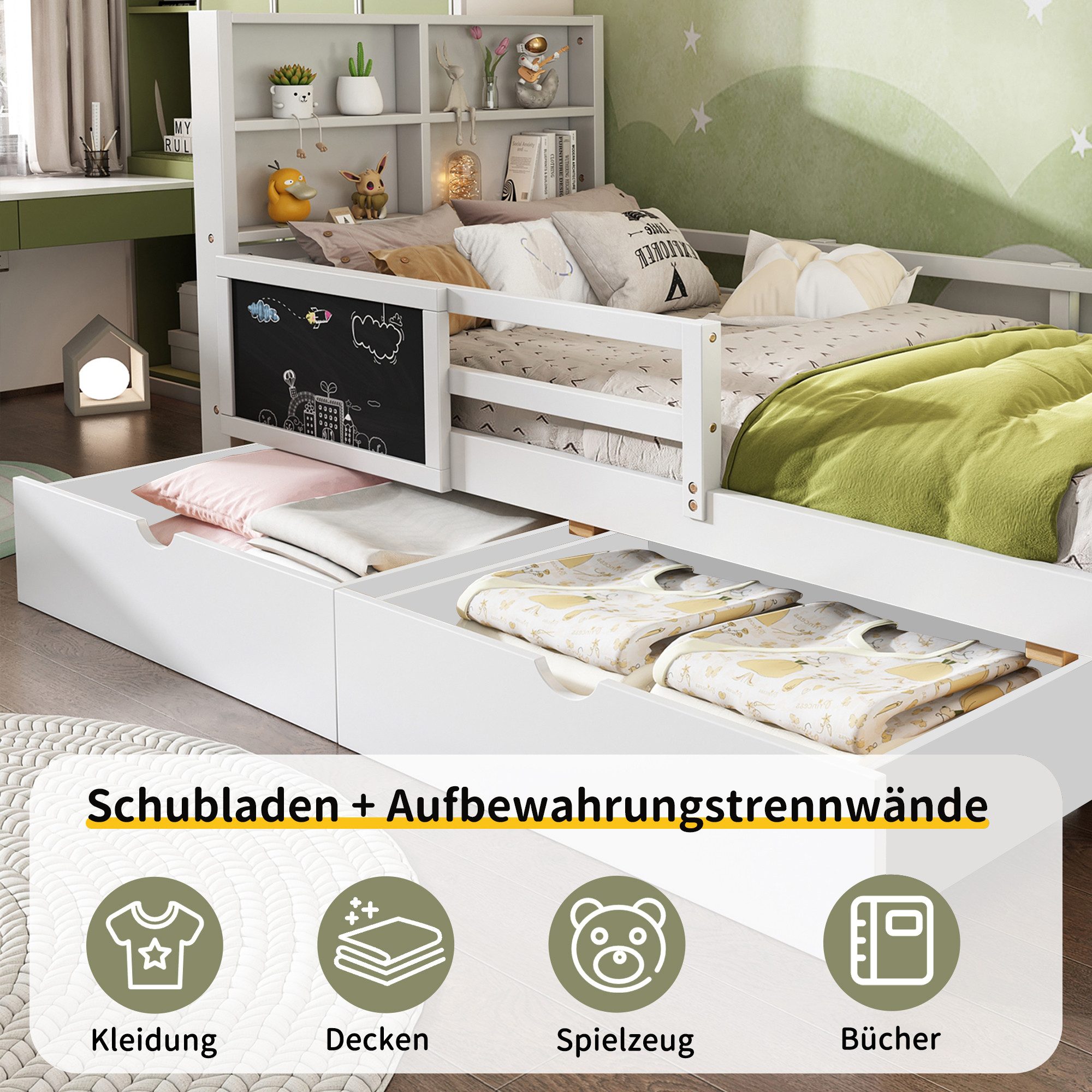 Flieks Kinderbett, Kiefer Massivholzbett mit 2 Schubladen und Tafel 90x200c günstig online kaufen