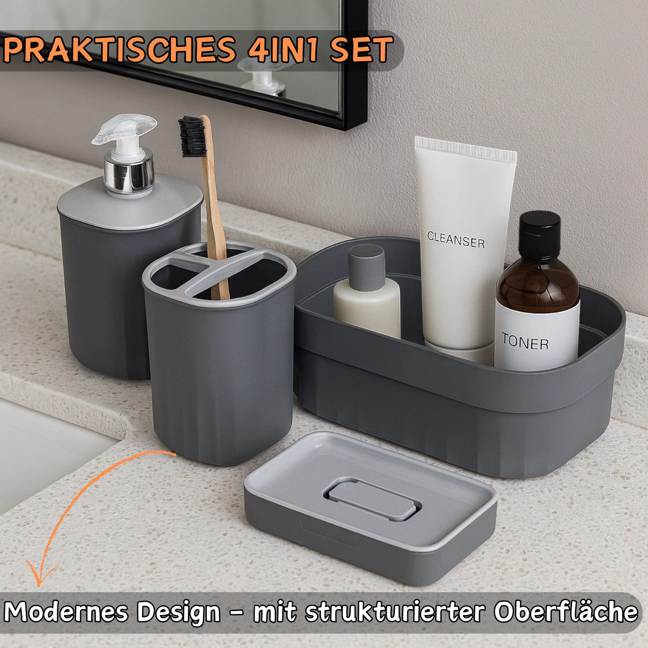 Engelland Badaccessoire-Set Badezimmer-Set, 4-teilig, bestehend aus Seifenspender, Seifenschale, Zahnbürstenhalter & Organizer, Vorteils-Set, 4 tlg., 4-teilig, modernes Design, robuster Kunststoff, BPA-frei, Rillen-Optik